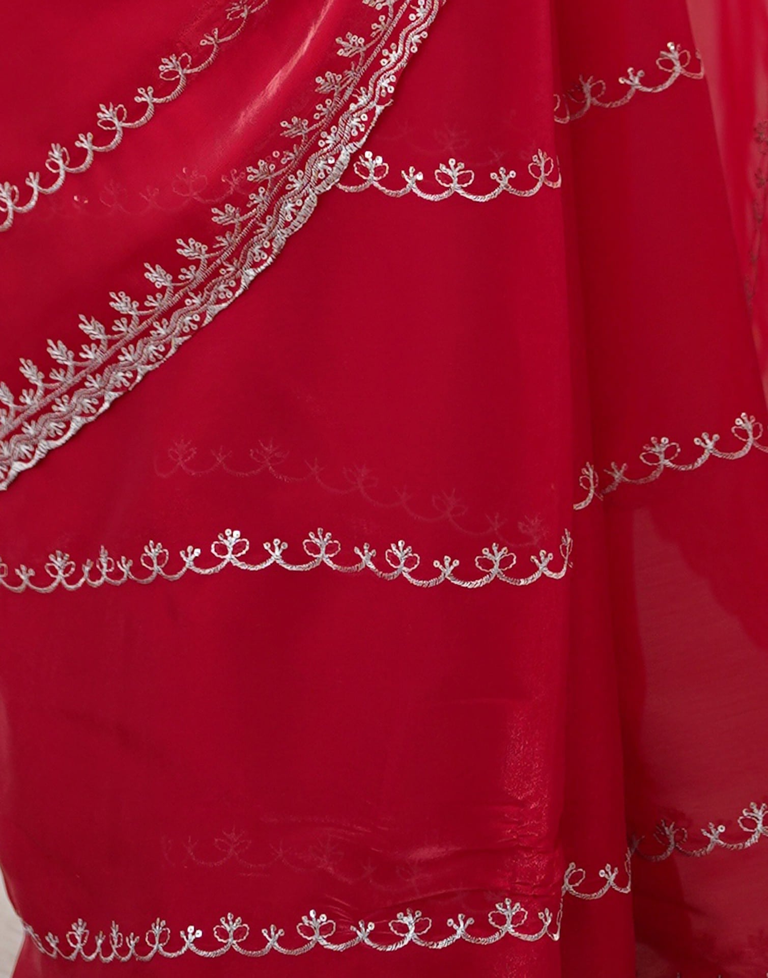 Red Tissue Silk Sequence Embroidery Saree