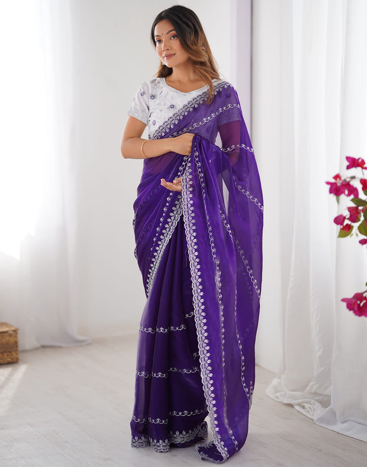 Indigo Blue Tissue Silk Sequence Embroidery Saree