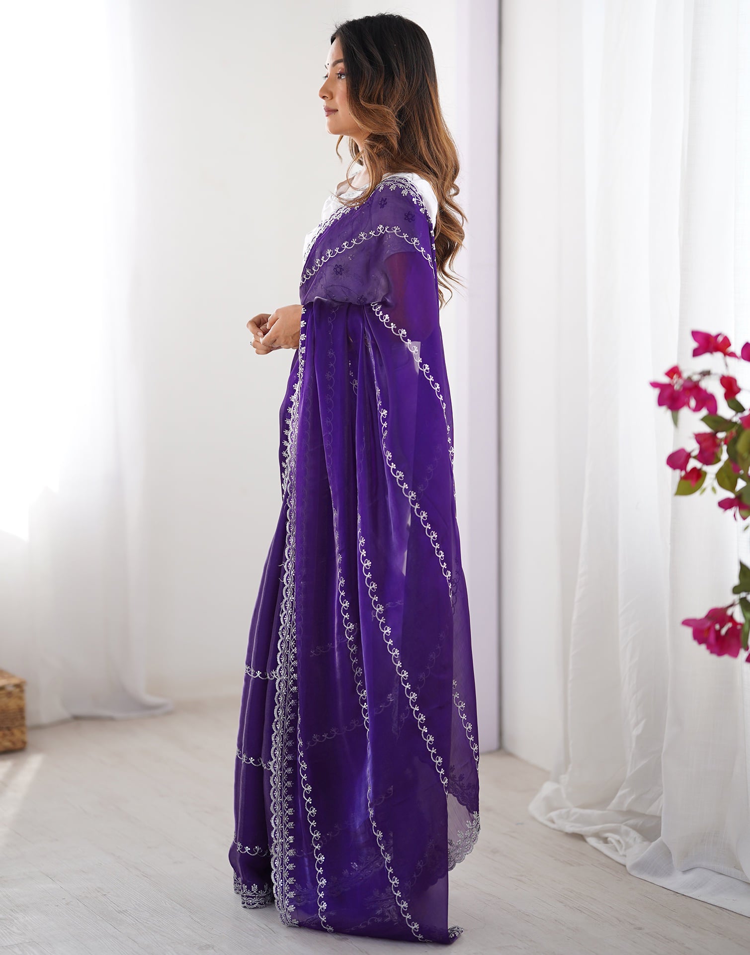 Indigo Blue Tissue Silk Sequence Embroidery Saree