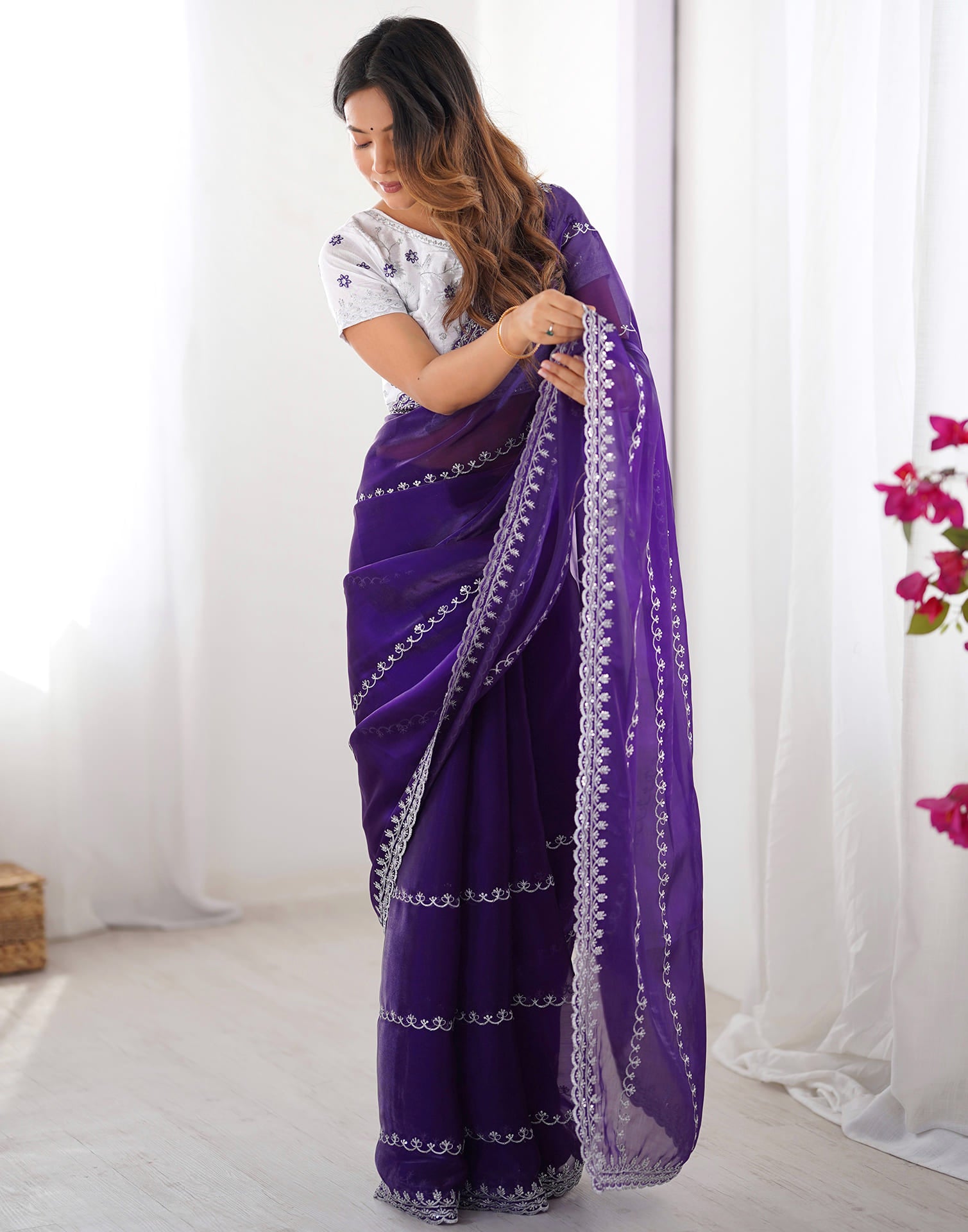 Indigo Blue Tissue Silk Sequence Embroidery Saree