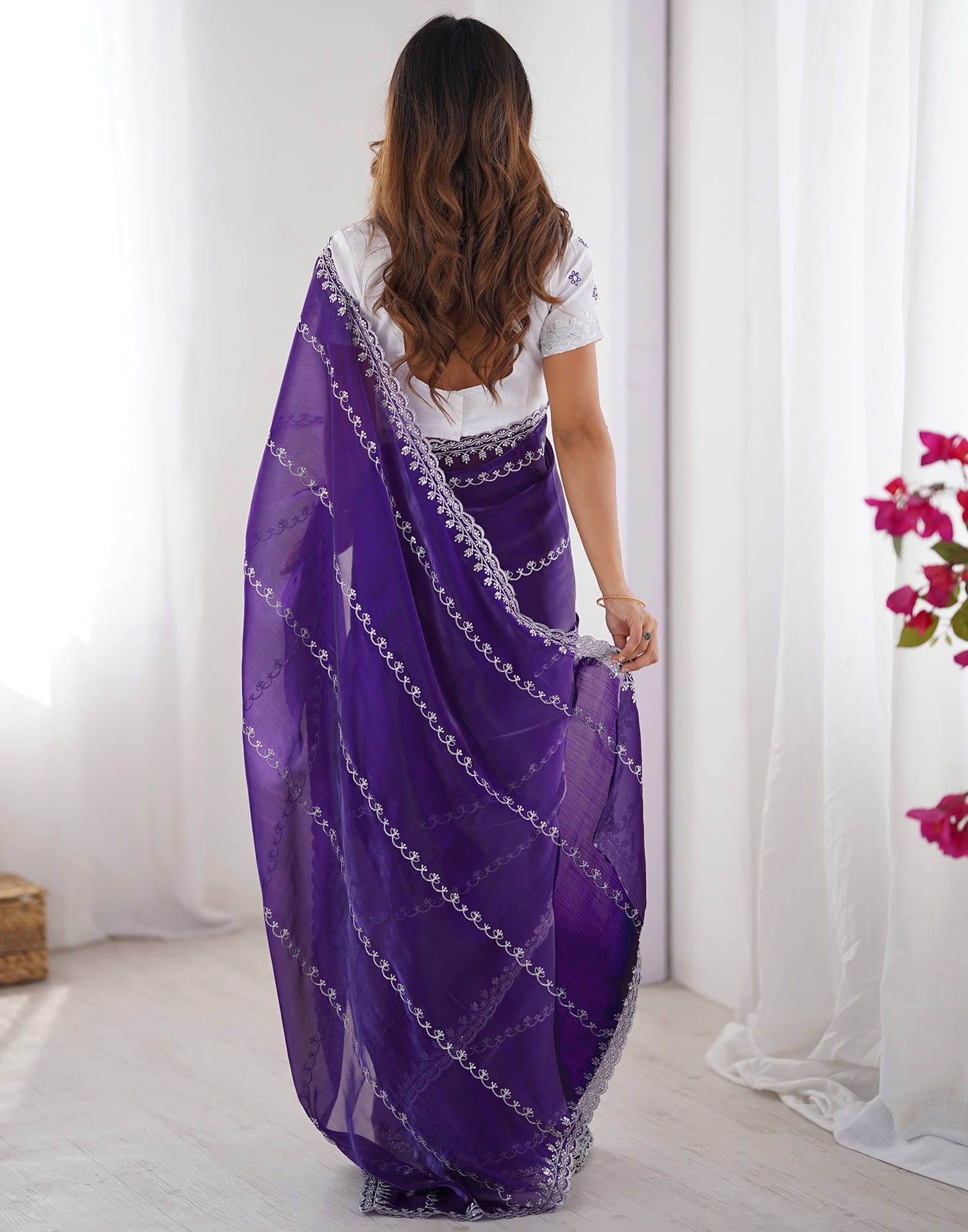 Indigo Blue Tissue Silk Sequence Embroidery Saree