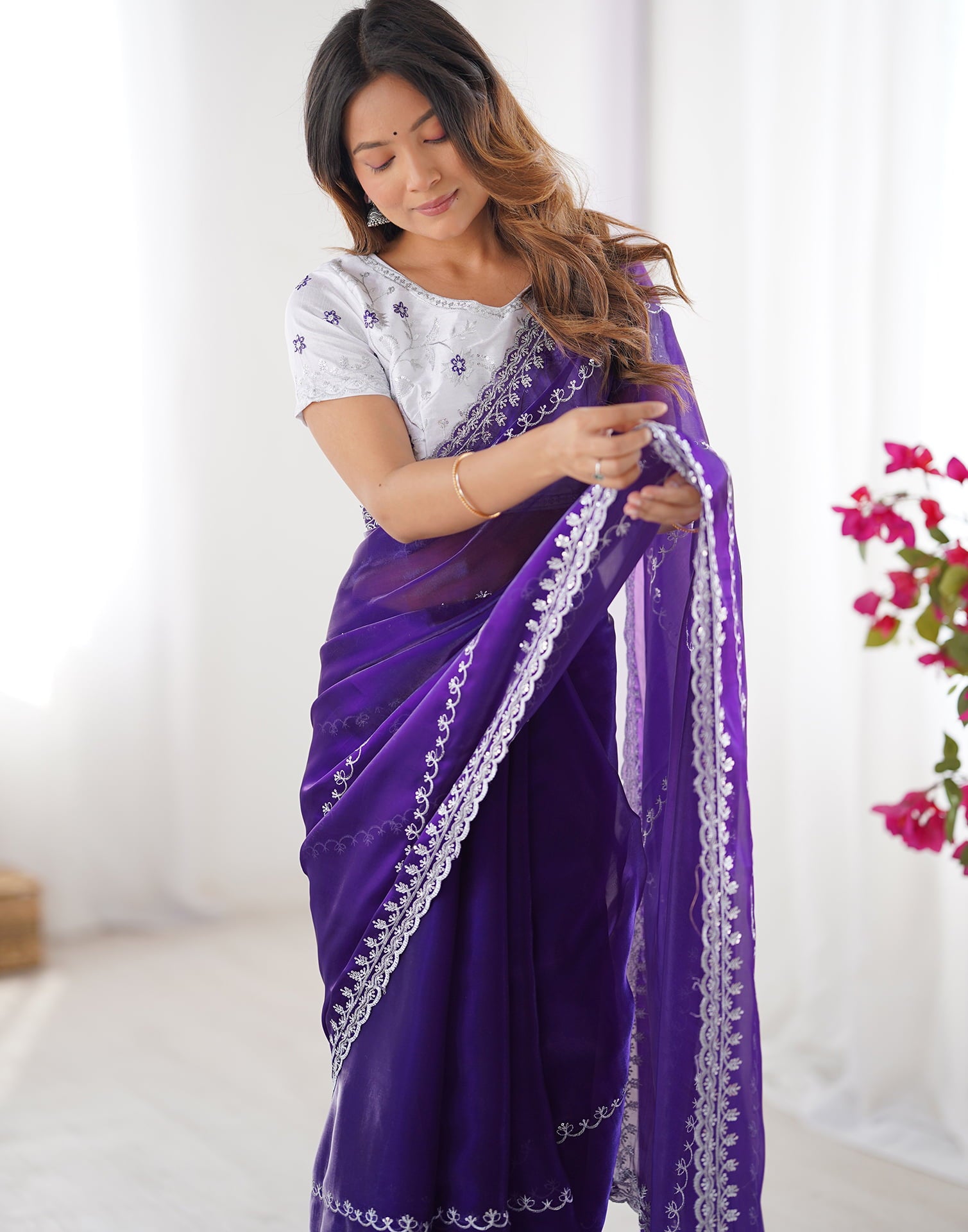 Indigo Blue Tissue Silk Sequence Embroidery Saree