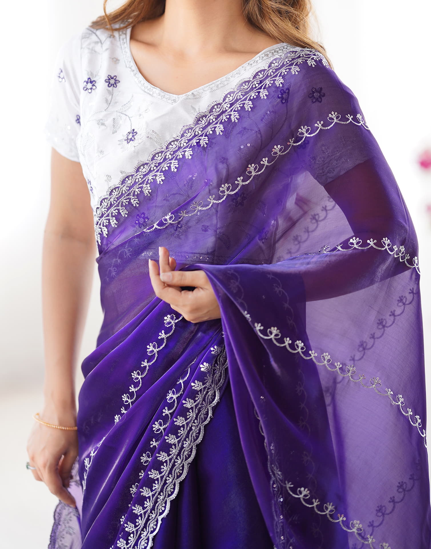 Indigo Blue Tissue Silk Sequence Embroidery Saree