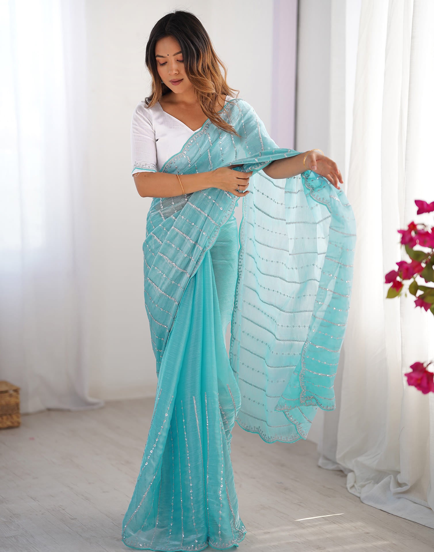 Aqua Blue Shimmer Sequence Embroidery Saree