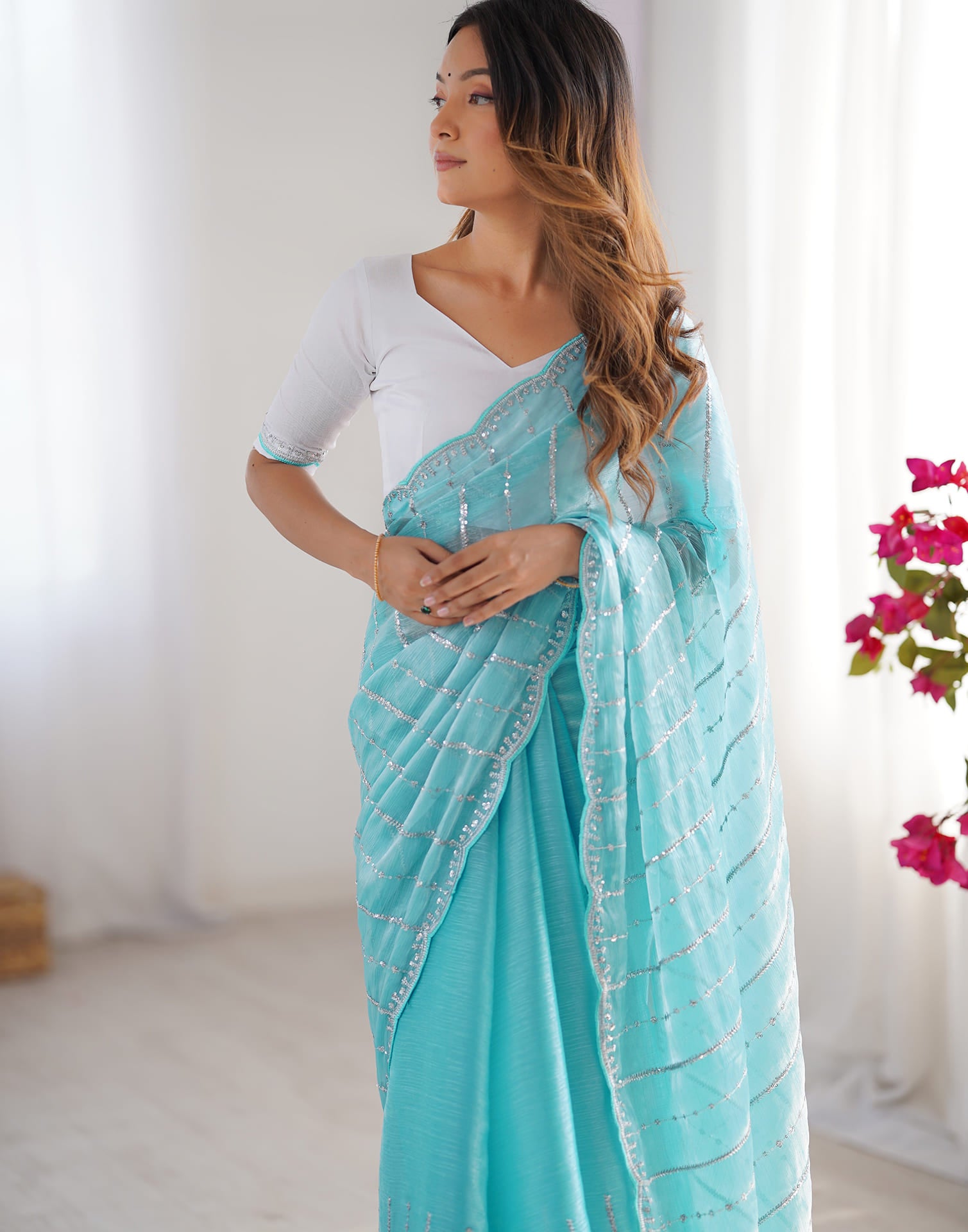 Aqua Blue Shimmer Sequence Embroidery Saree