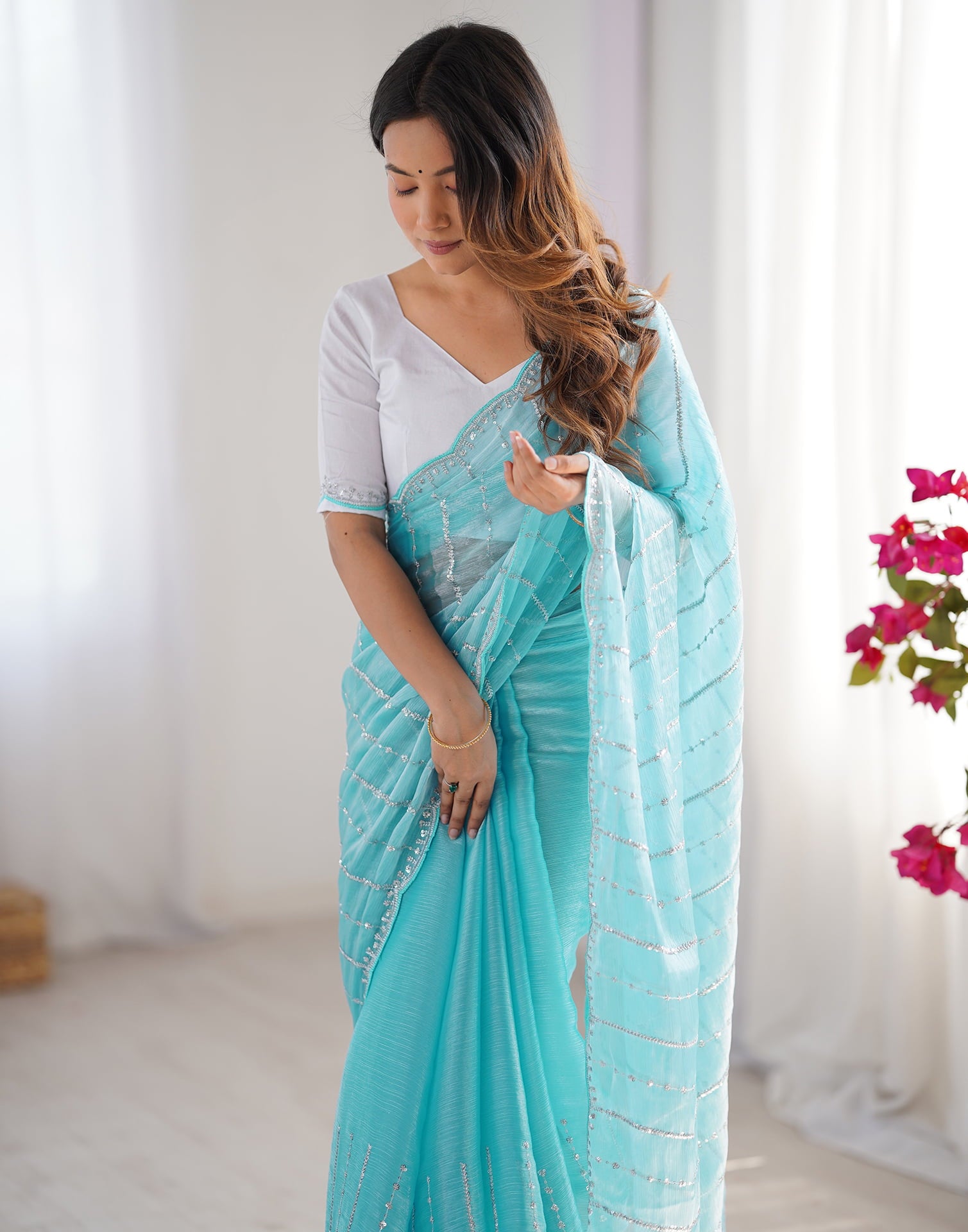 Aqua Blue Shimmer Sequence Embroidery Saree