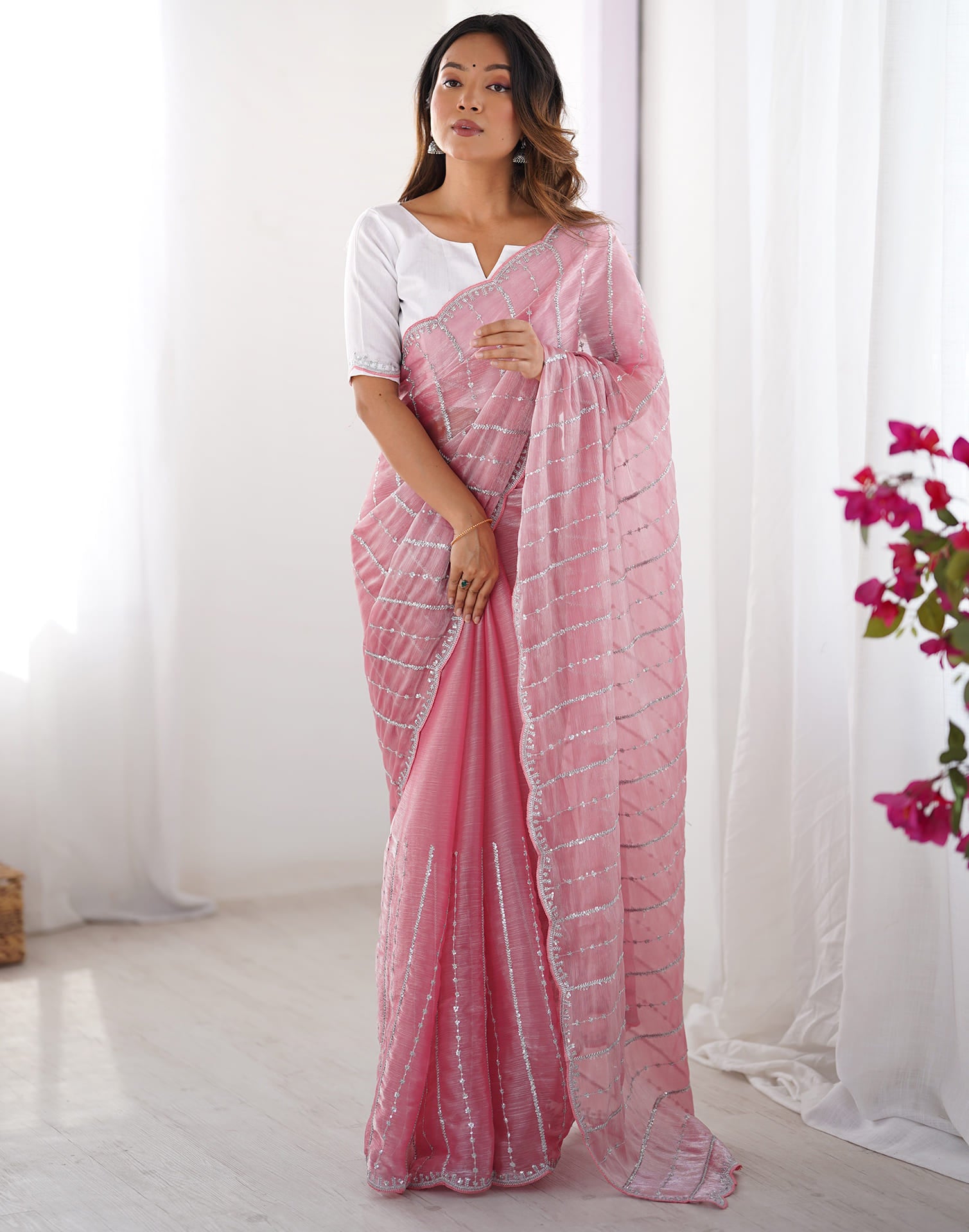 Pink Shimmer Sequence Embroidery Saree