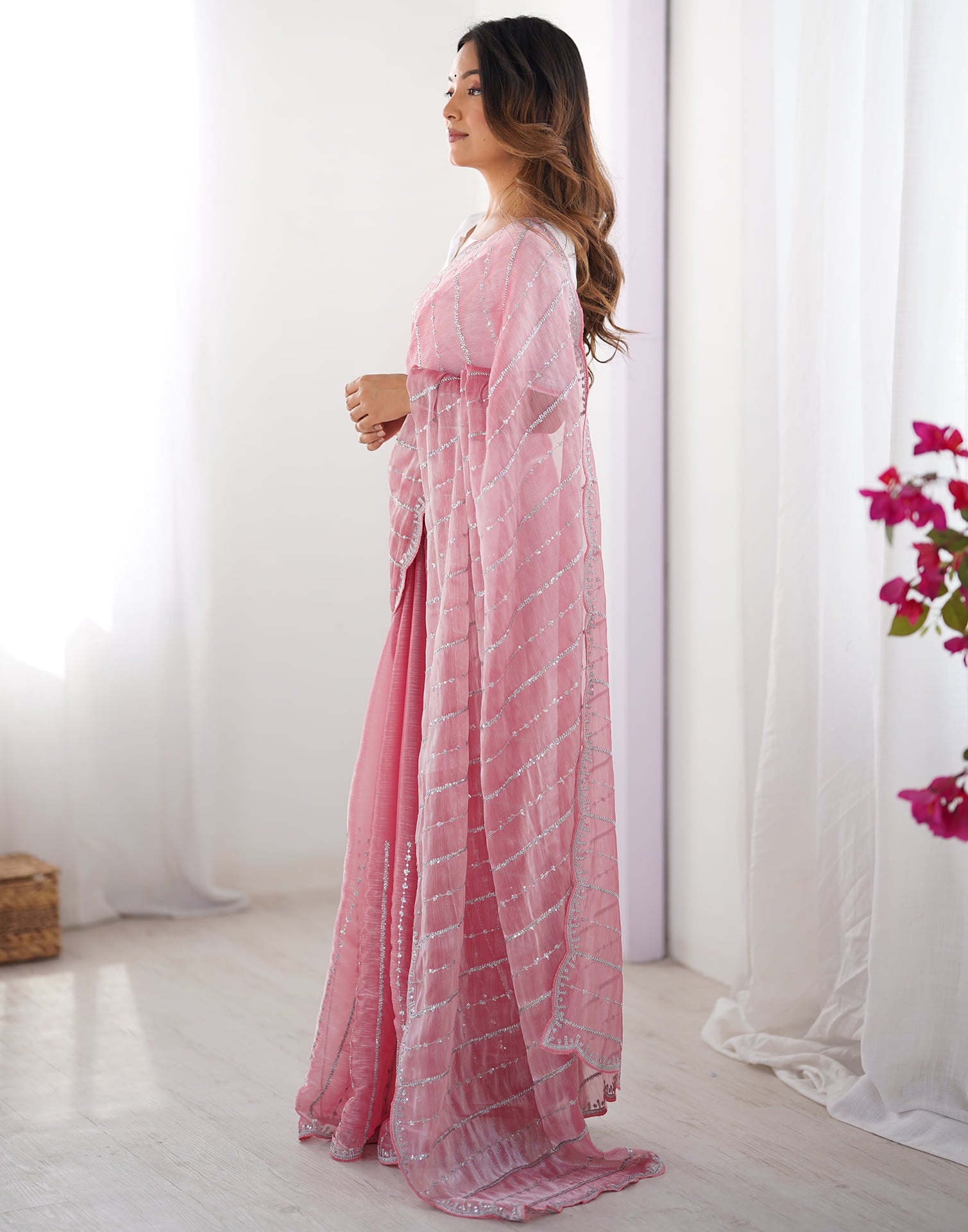 Pink Shimmer Sequence Embroidery Saree