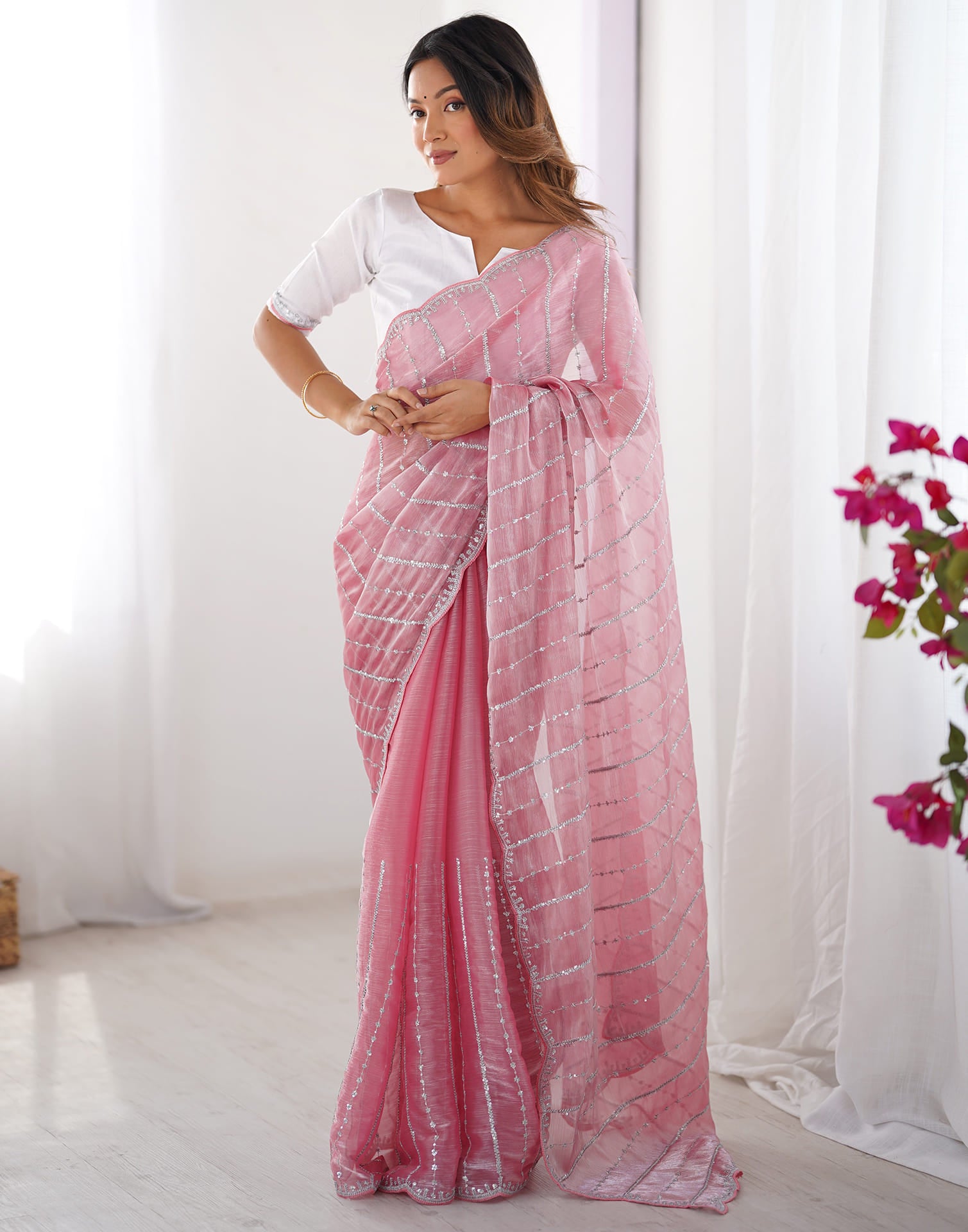 Pink Shimmer Sequence Embroidery Saree