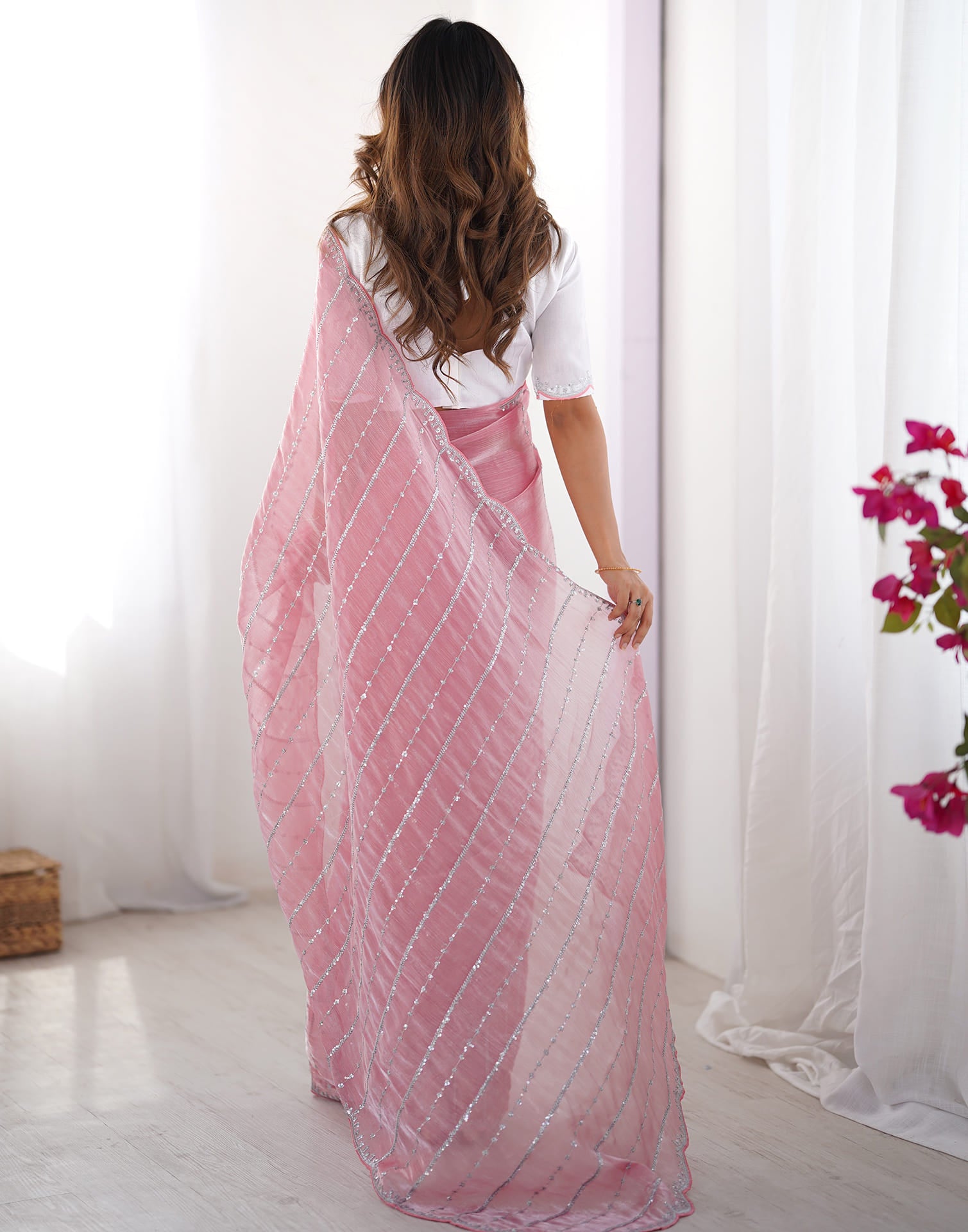 Pink Shimmer Sequence Embroidery Saree