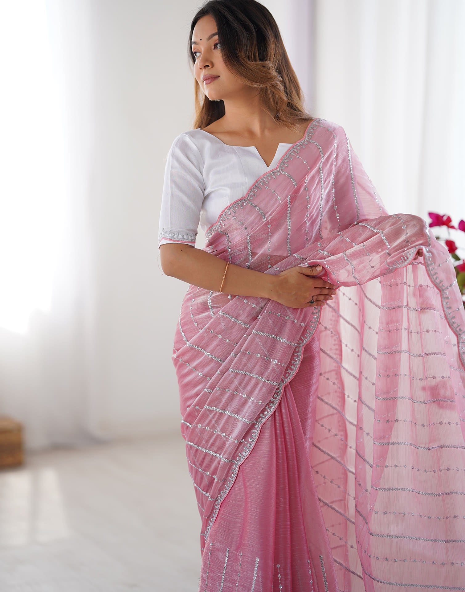 Pink Shimmer Sequence Embroidery Saree