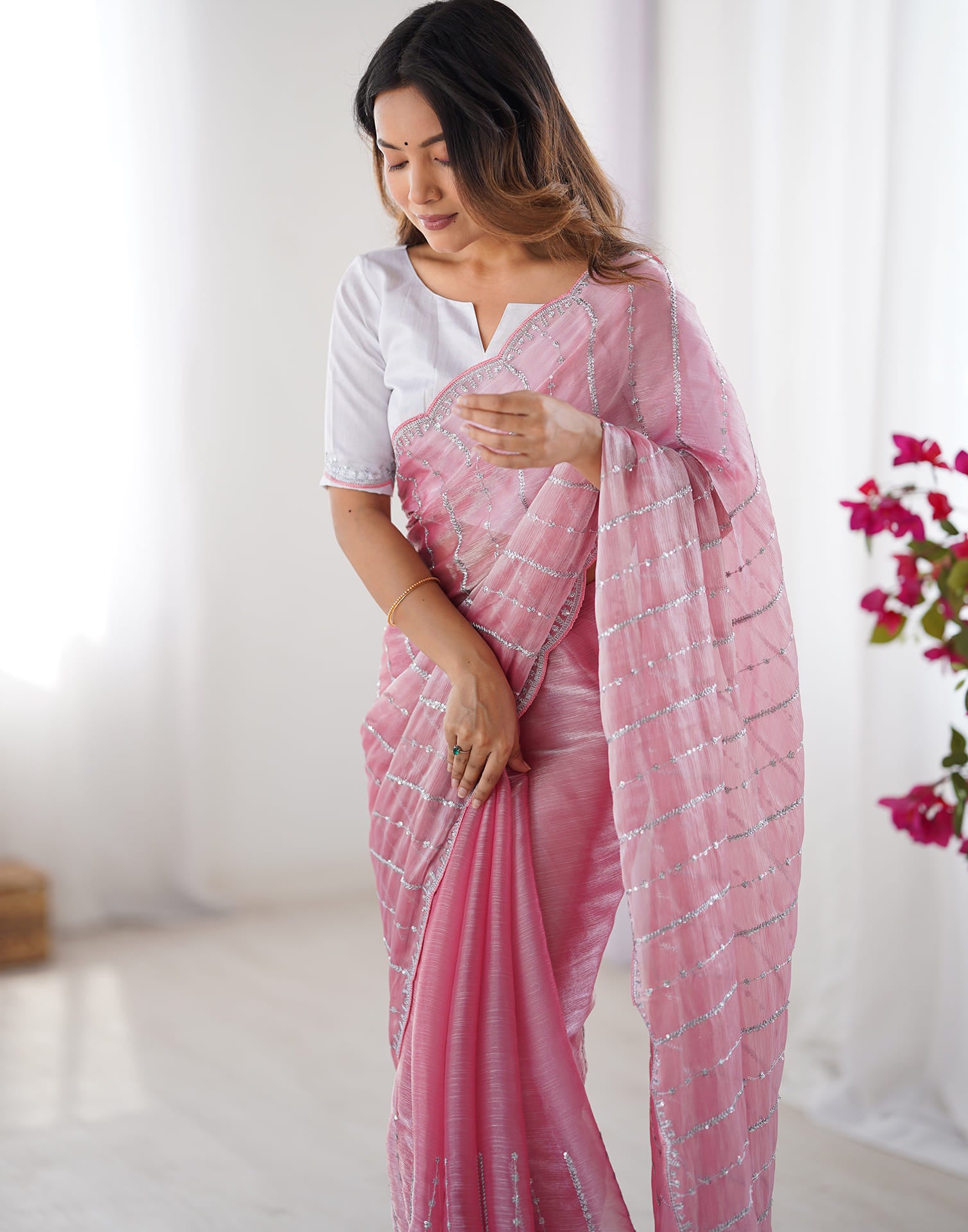 Pink Shimmer Sequence Embroidery Saree
