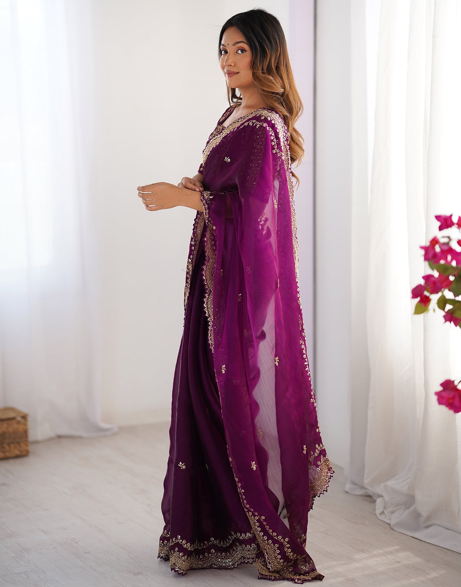 Dark Magenta Shimmer Sequence Embroidery Saree