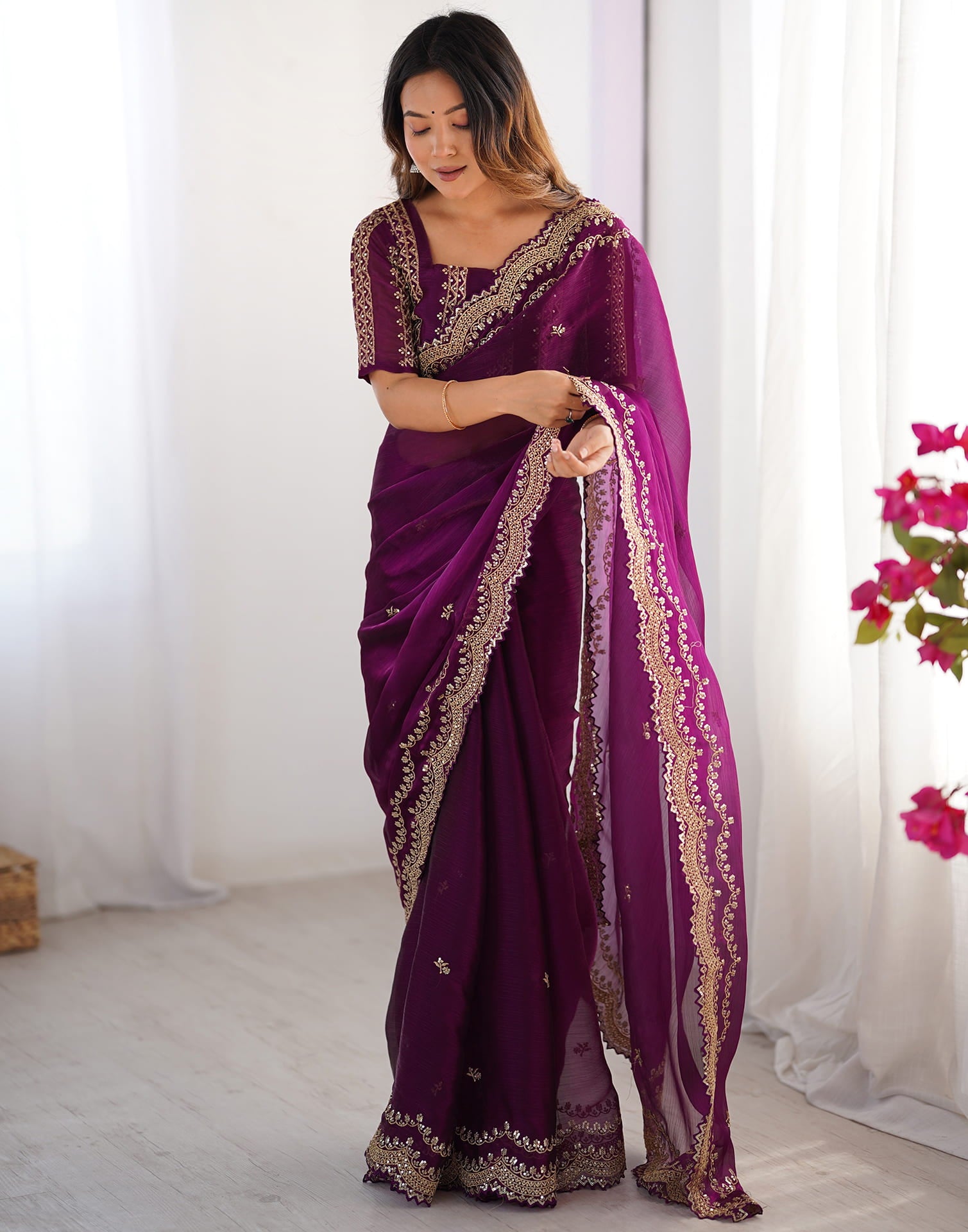 Dark Magenta Shimmer Sequence Embroidery Saree