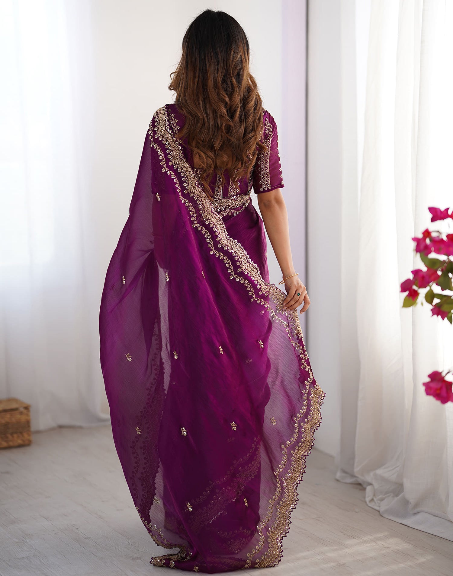 Dark Magenta Shimmer Sequence Embroidery Saree