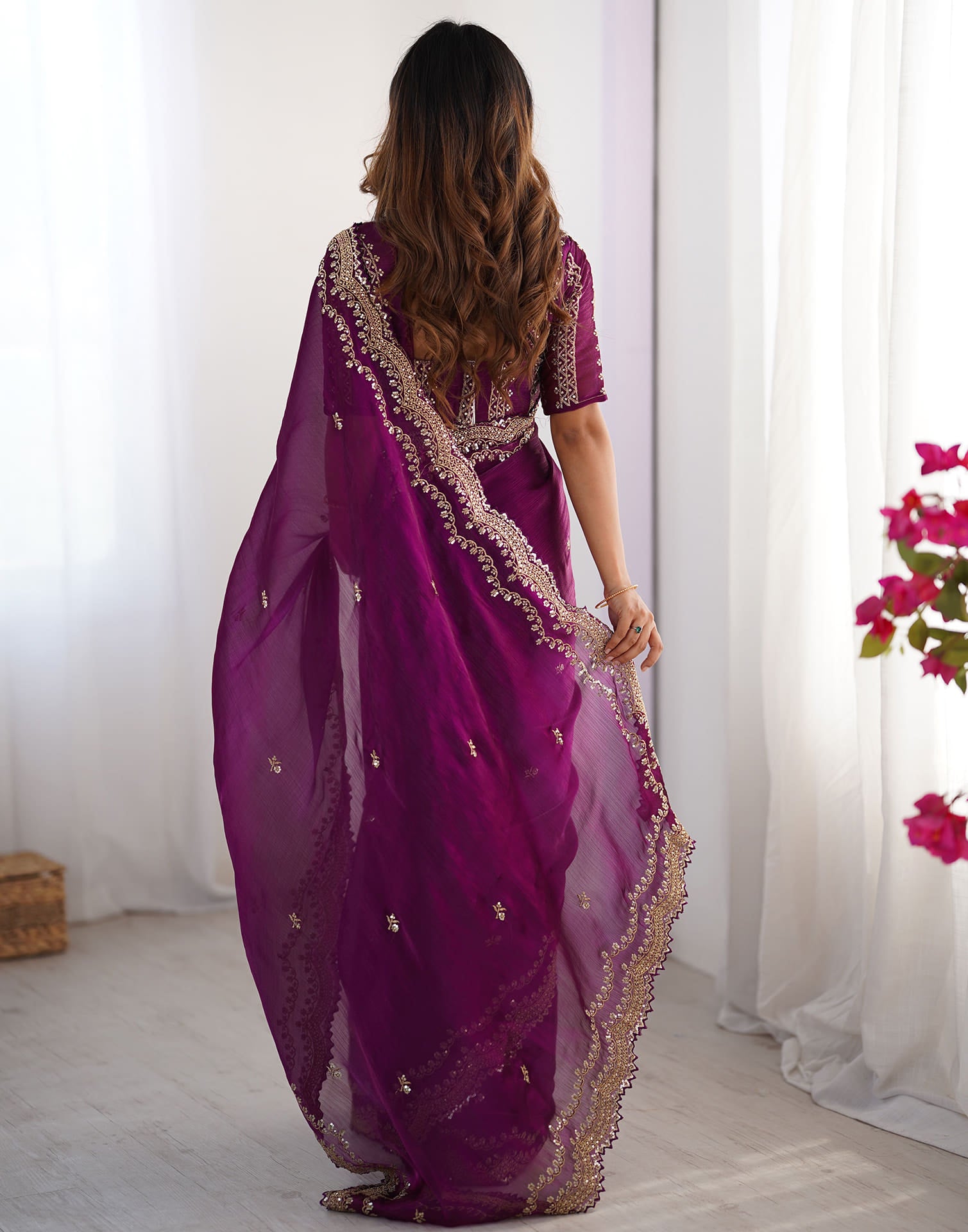 Dark Magenta Shimmer Sequence Embroidery Saree