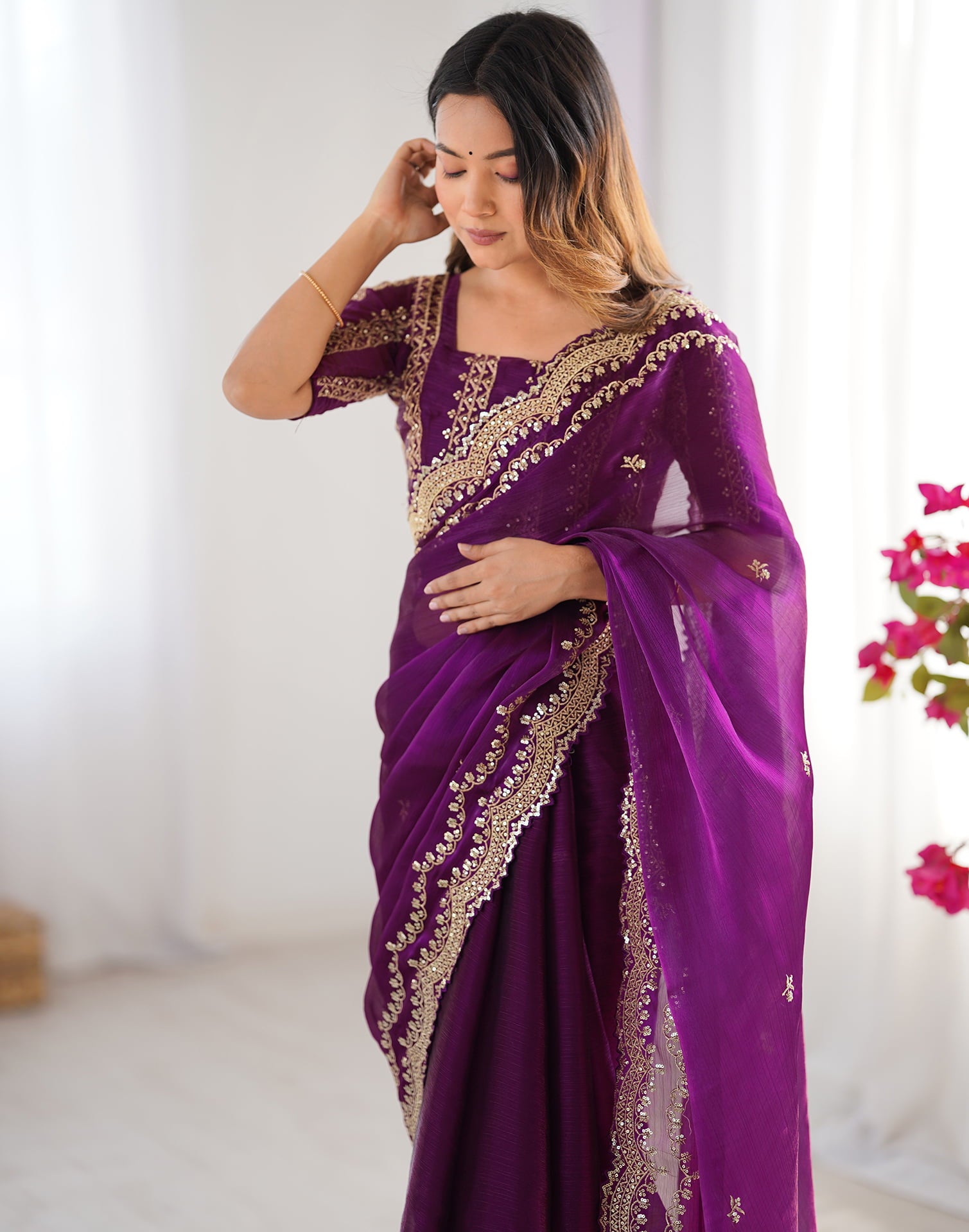 Dark Magenta Shimmer Sequence Embroidery Saree