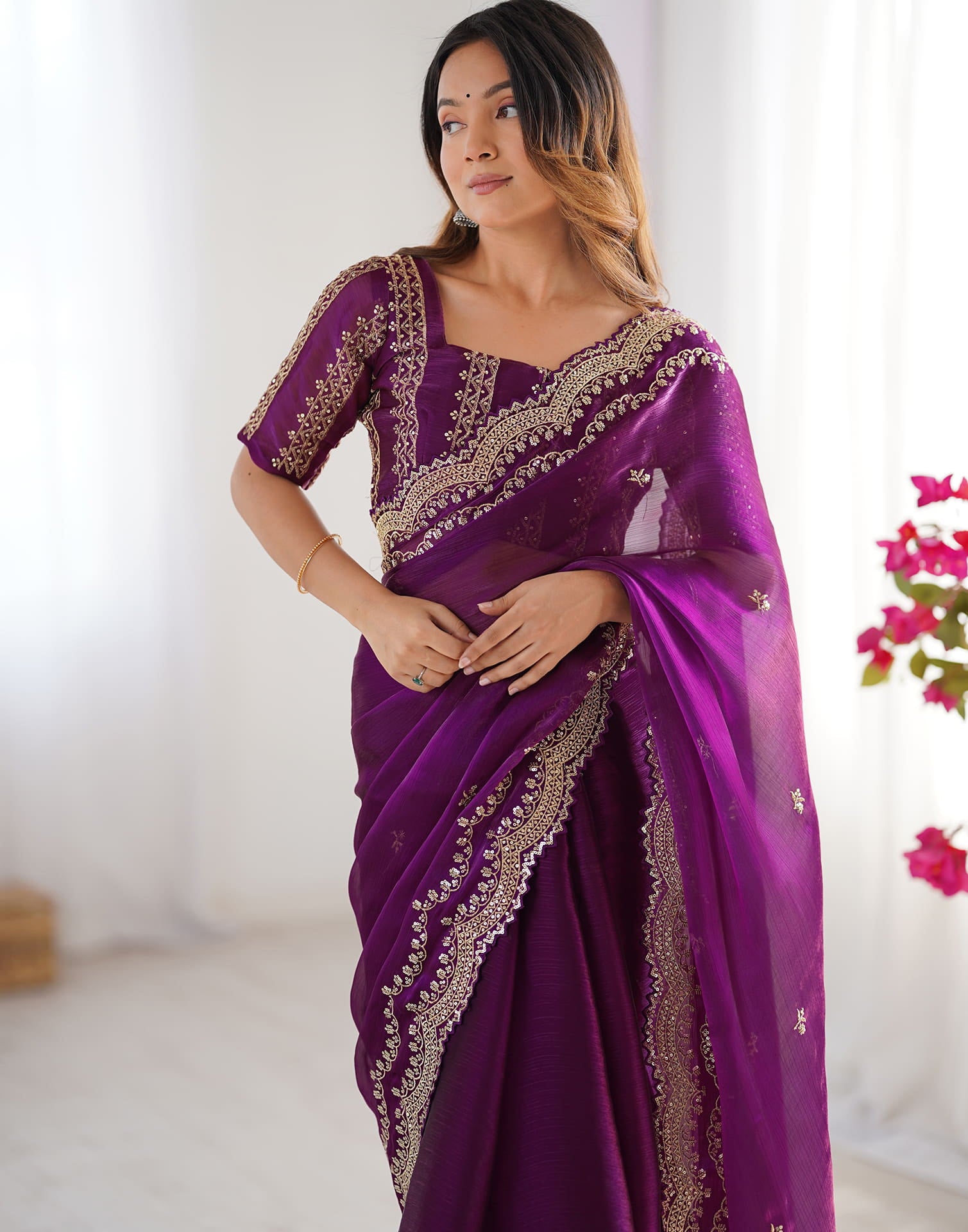Dark Magenta Shimmer Sequence Embroidery Saree