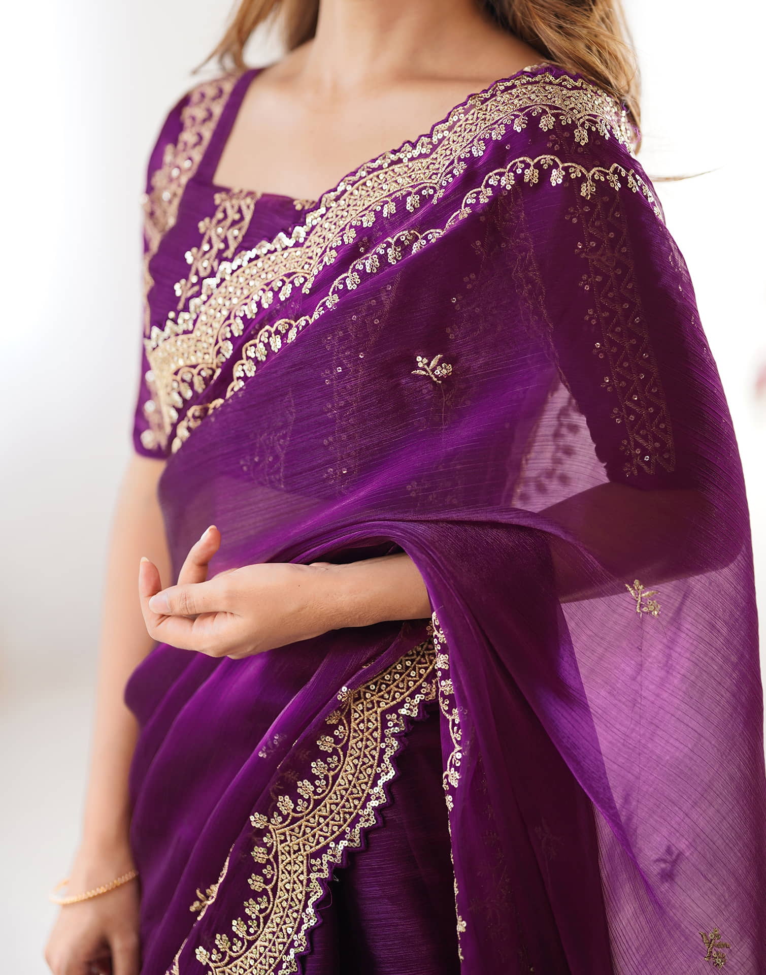 Dark Magenta Shimmer Sequence Embroidery Saree