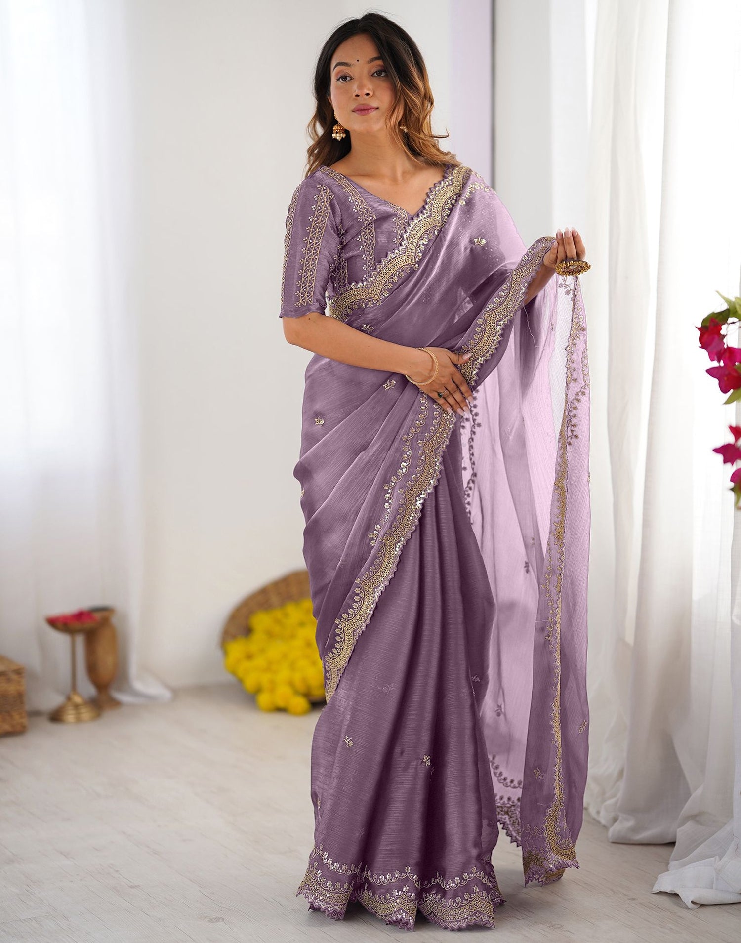Dusty Mauve Shimmer Sequence Embroidery Saree