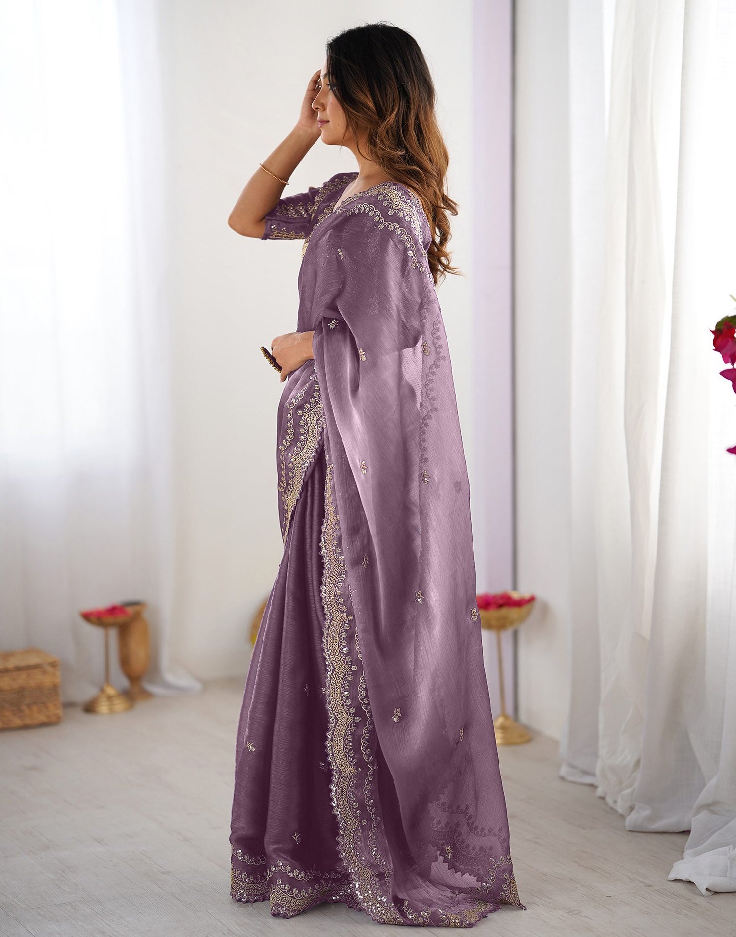 Dusty Mauve Shimmer Sequence Embroidery Saree