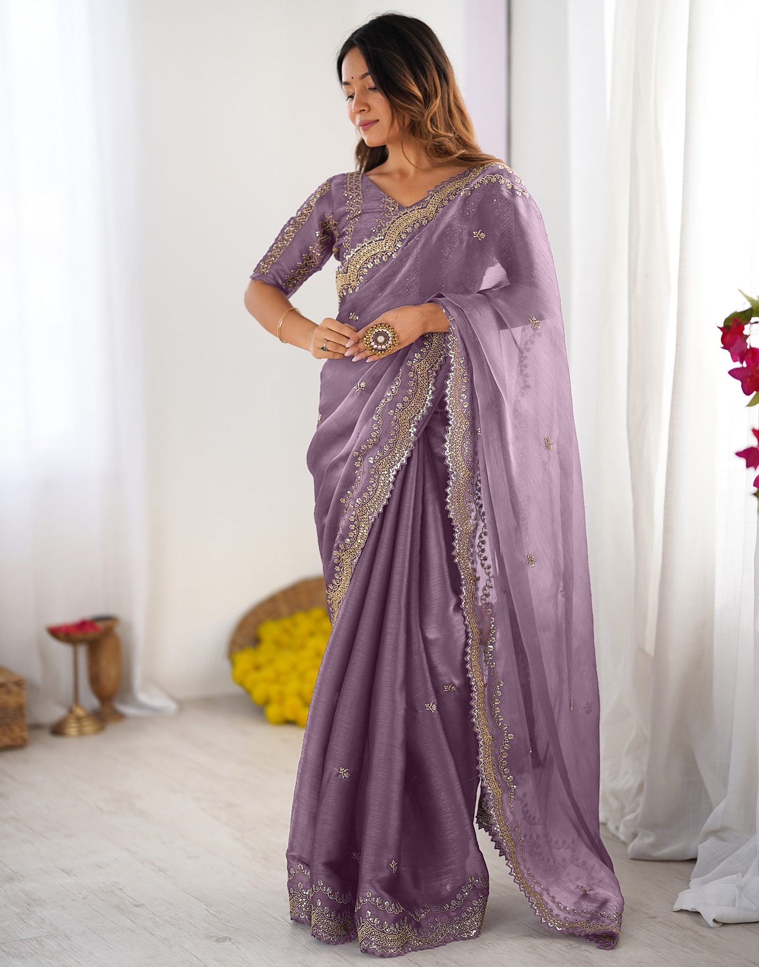 Dusty Mauve Shimmer Sequence Embroidery Saree