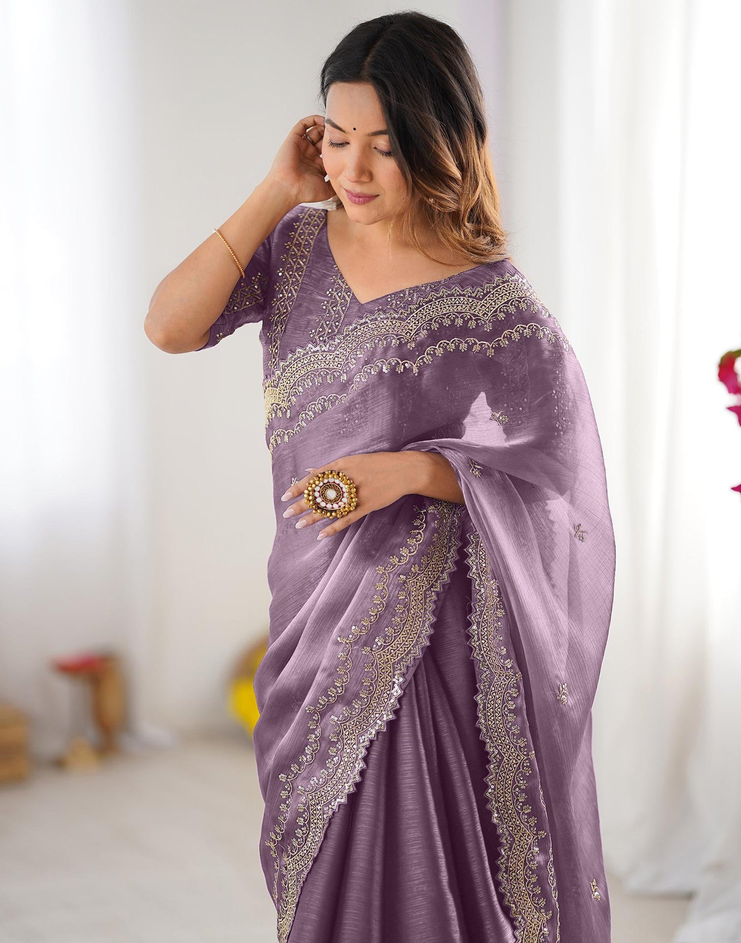 Dusty Mauve Shimmer Sequence Embroidery Saree