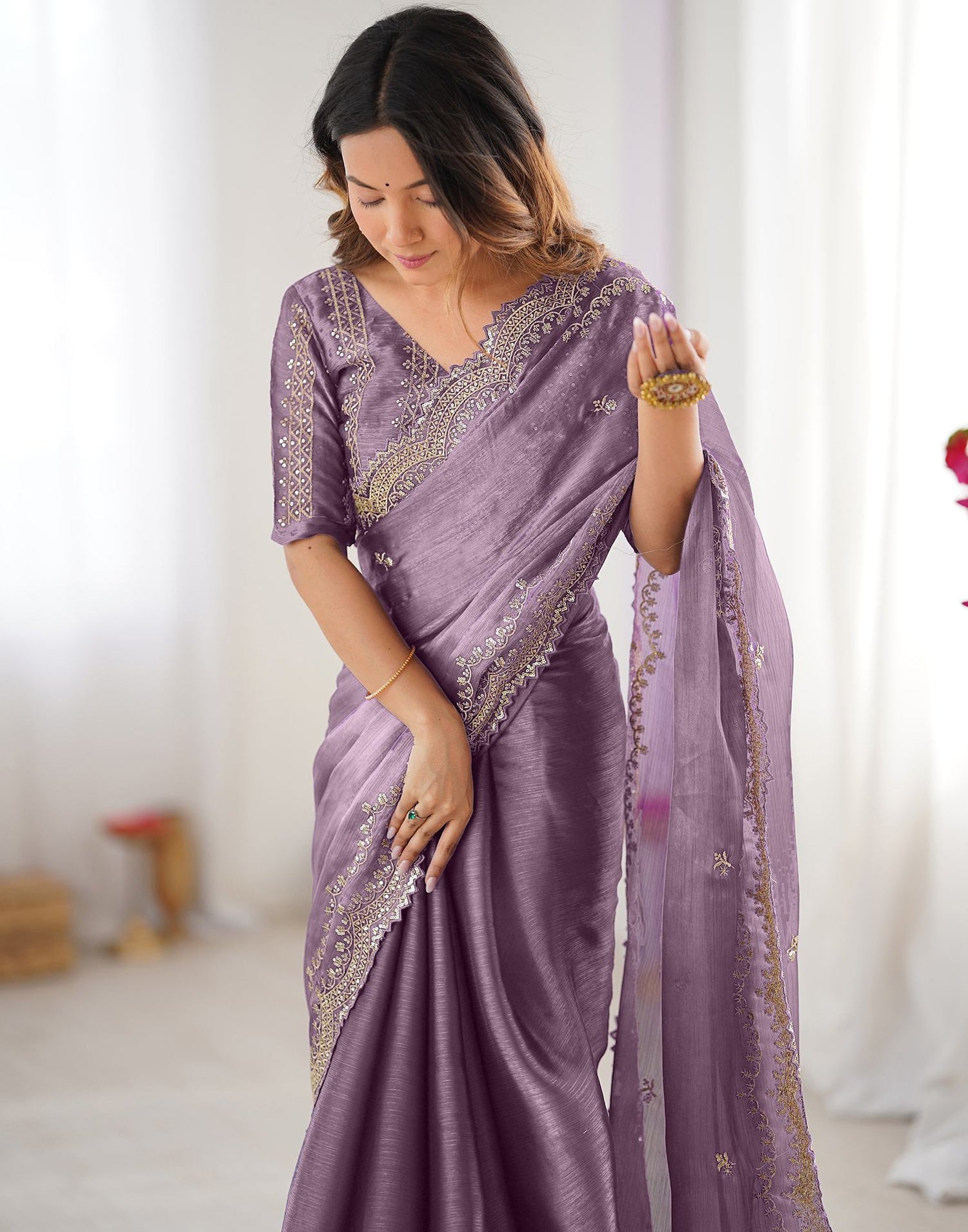 Dusty Mauve Shimmer Sequence Embroidery Saree