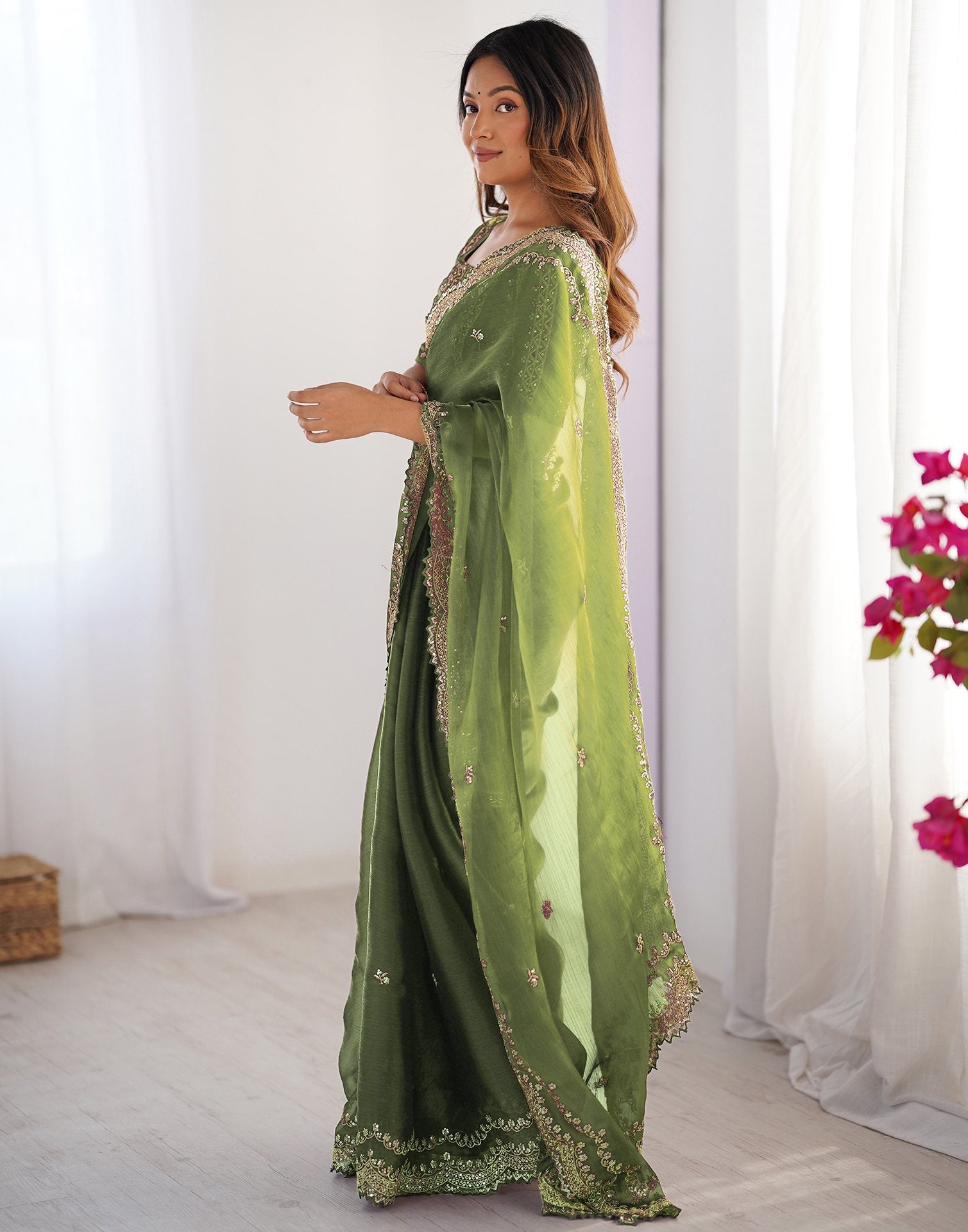 Light Green Shimmer Sequence Embroidery Saree