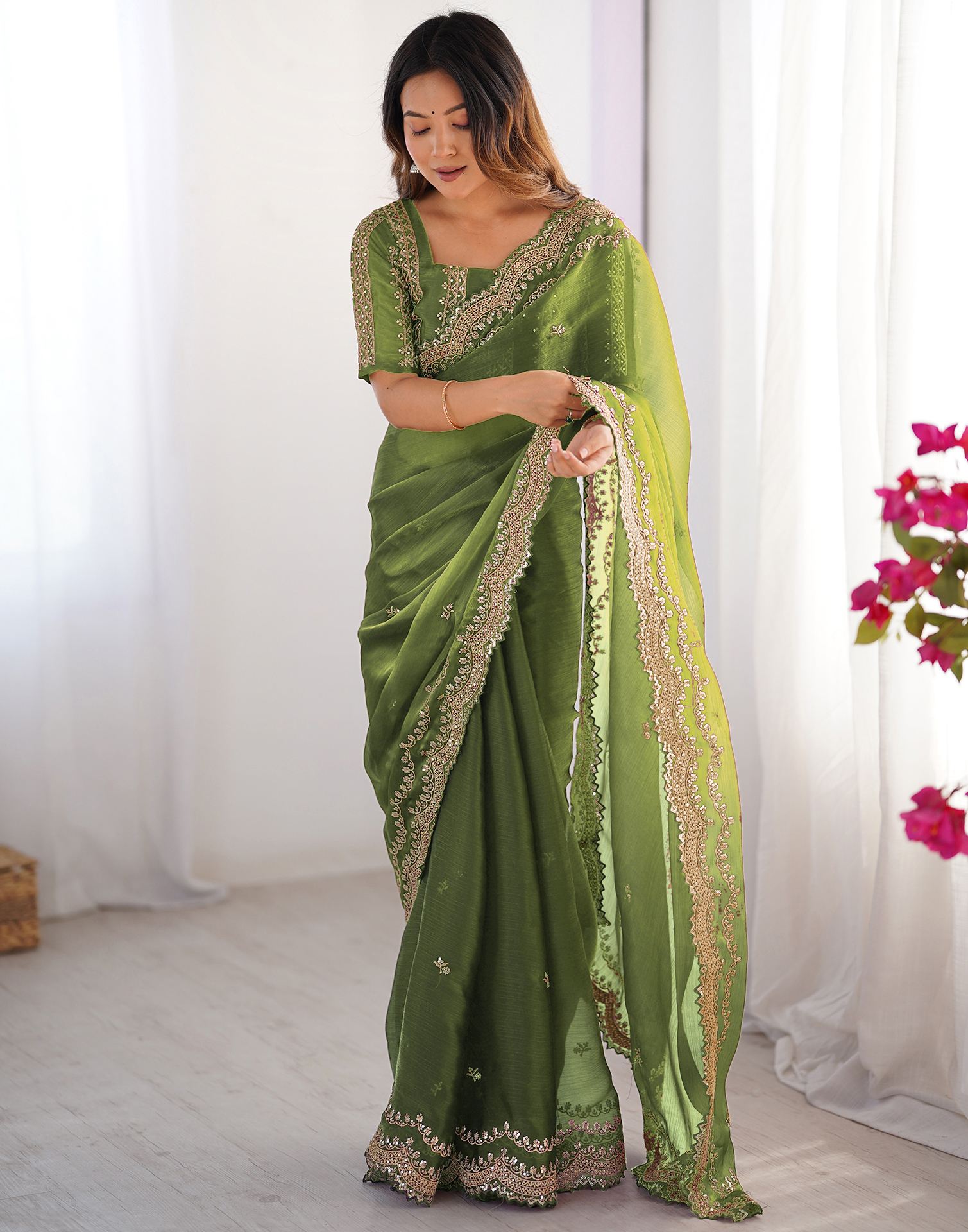 Light Green Shimmer Sequence Embroidery Saree