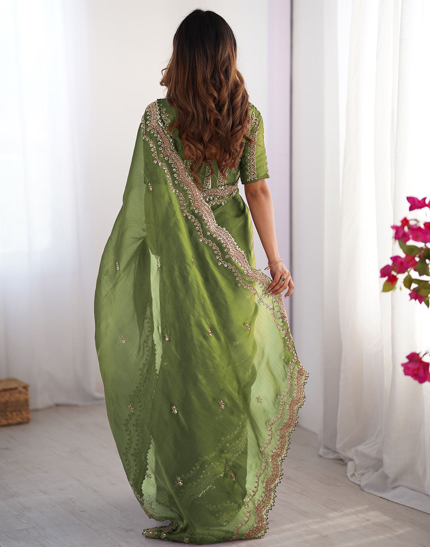 Light Green Shimmer Sequence Embroidery Saree