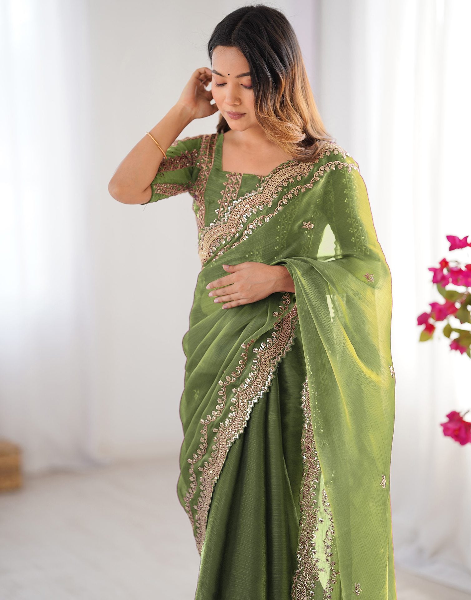 Light Green Shimmer Sequence Embroidery Saree