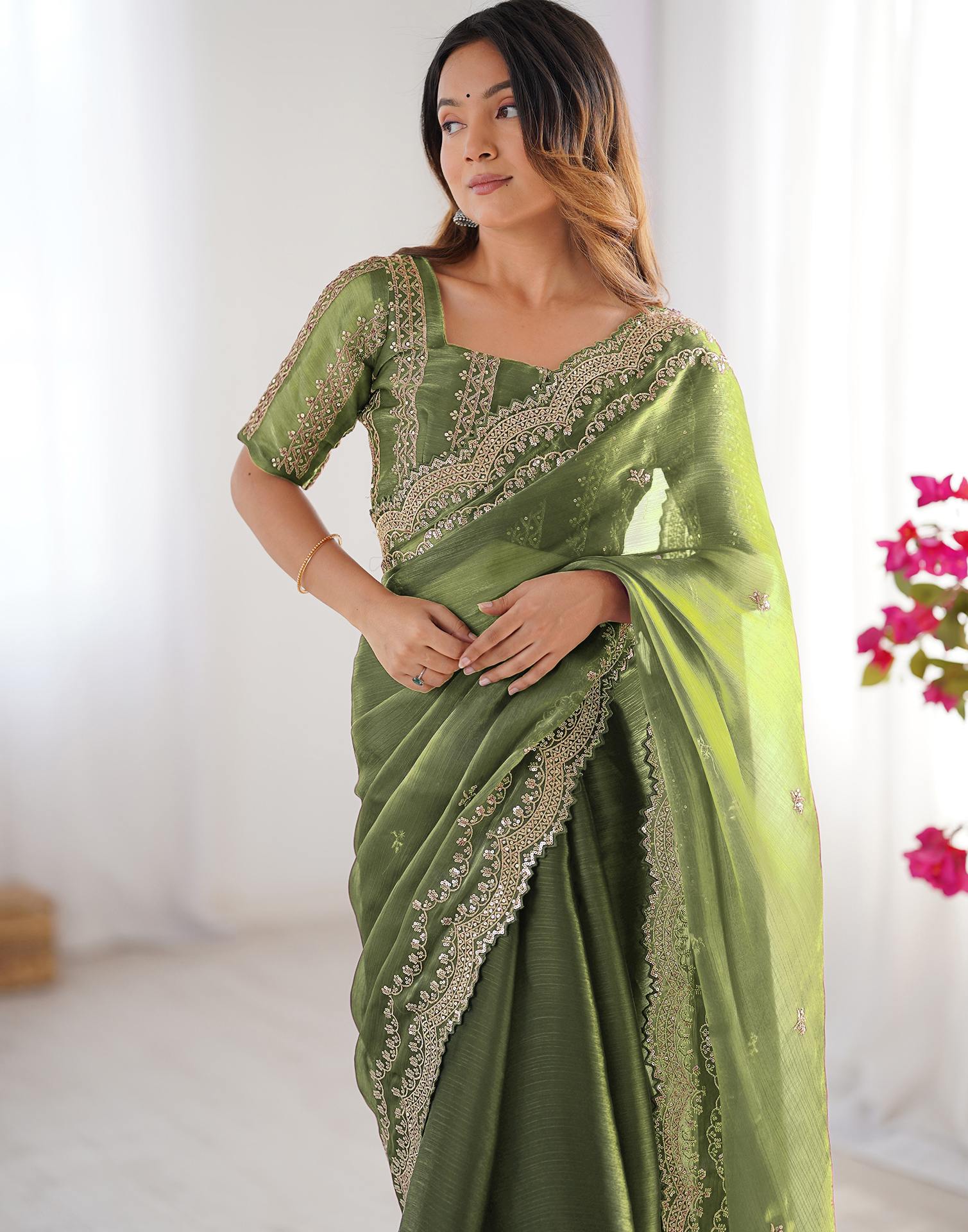 Light Green Shimmer Sequence Embroidery Saree
