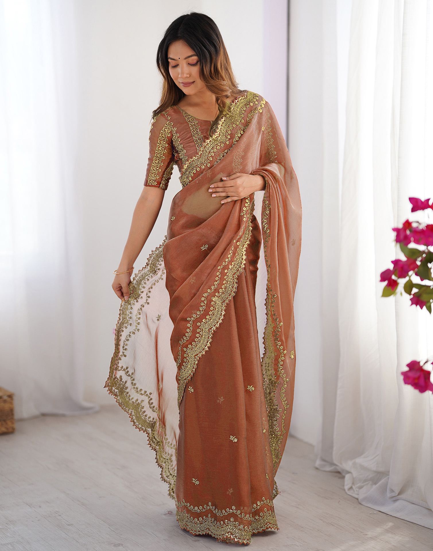 Dusty Orange Shimmer Sequence Embroidery Saree