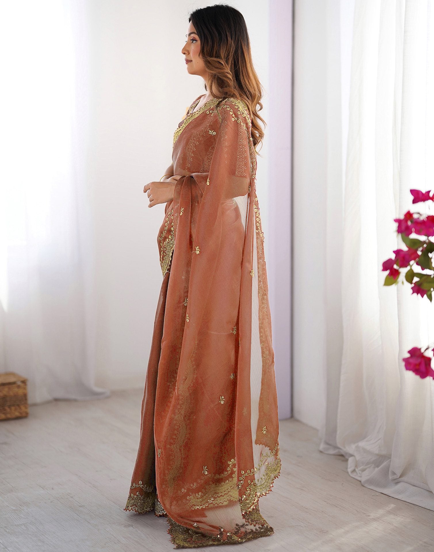 Dusty Orange Shimmer Sequence Embroidery Saree