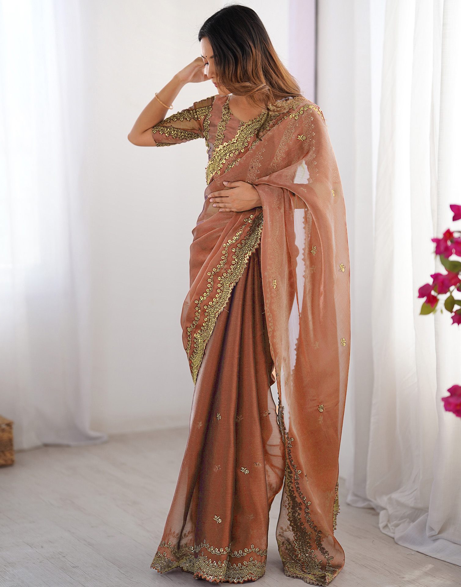 Dusty Orange Shimmer Sequence Embroidery Saree