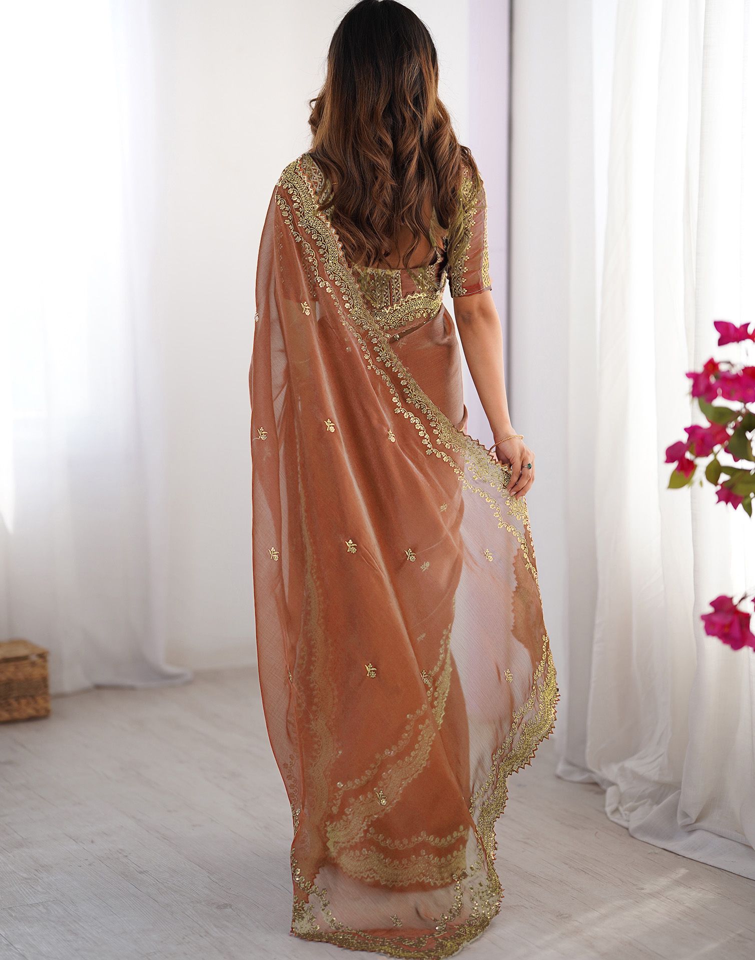 Dusty Orange Shimmer Sequence Embroidery Saree