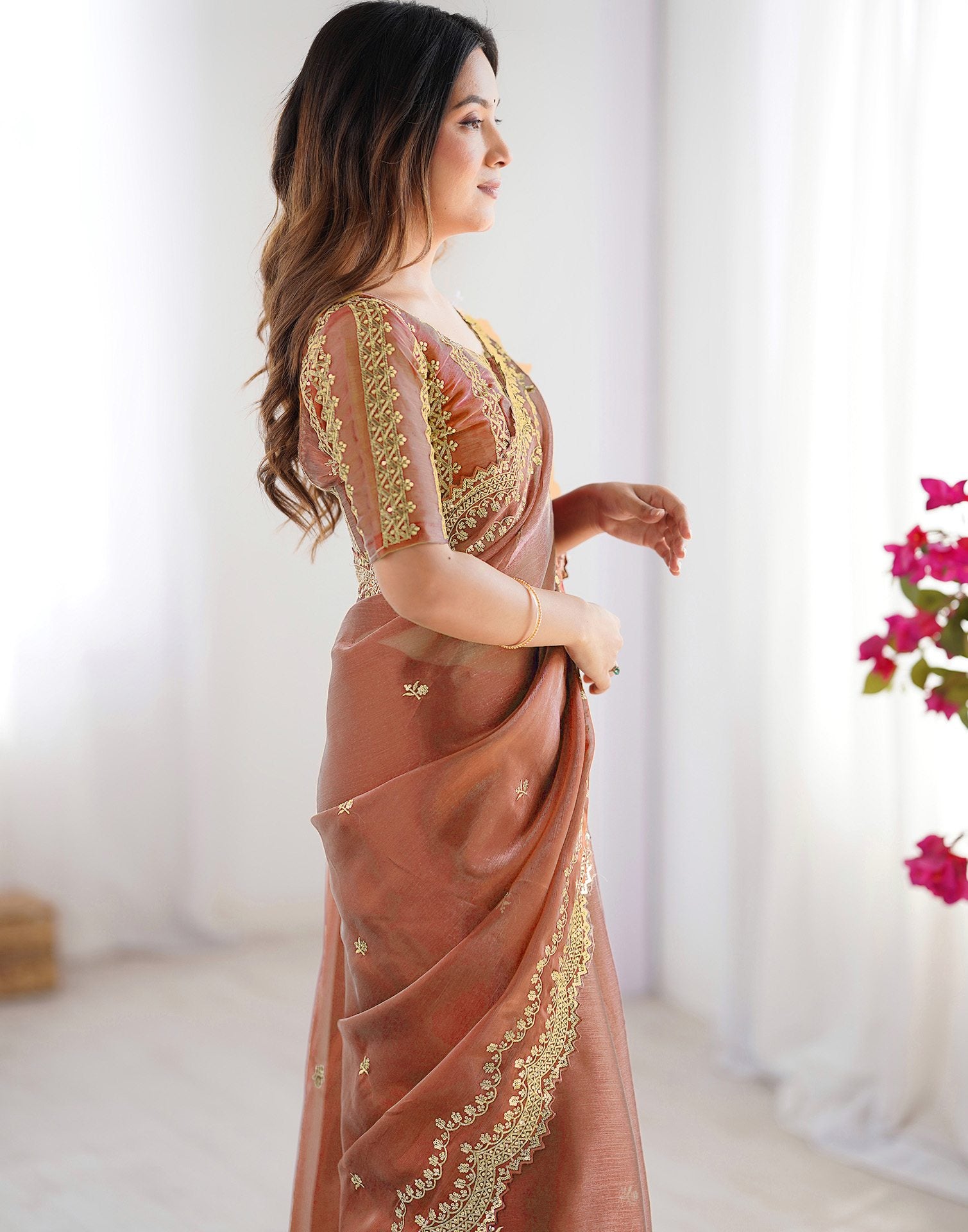 Dusty Orange Shimmer Sequence Embroidery Saree