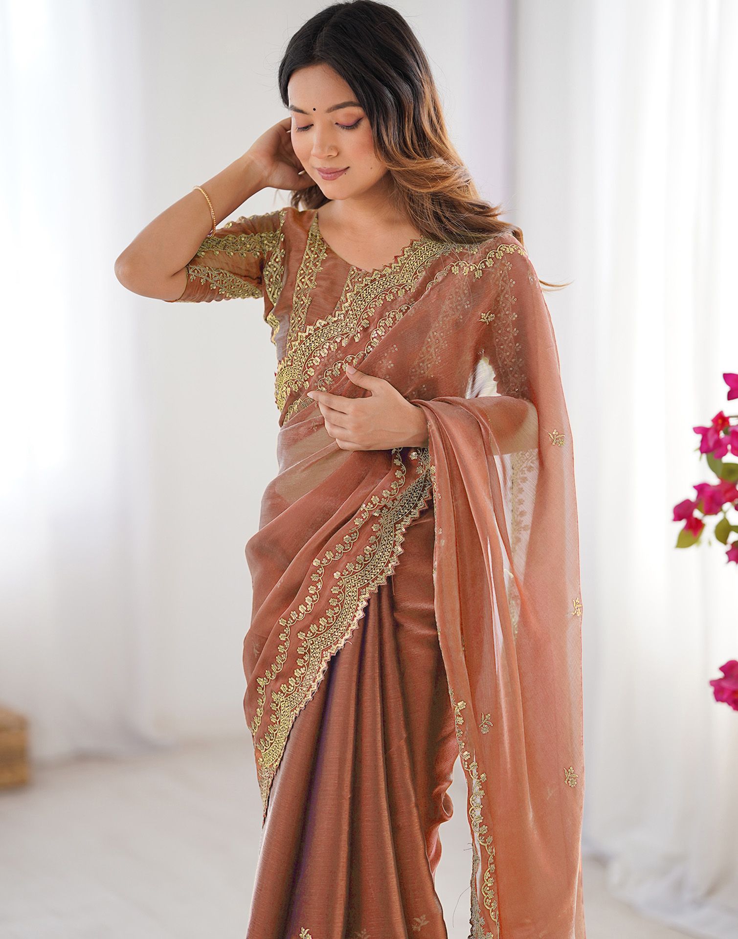 Dusty Orange Shimmer Sequence Embroidery Saree