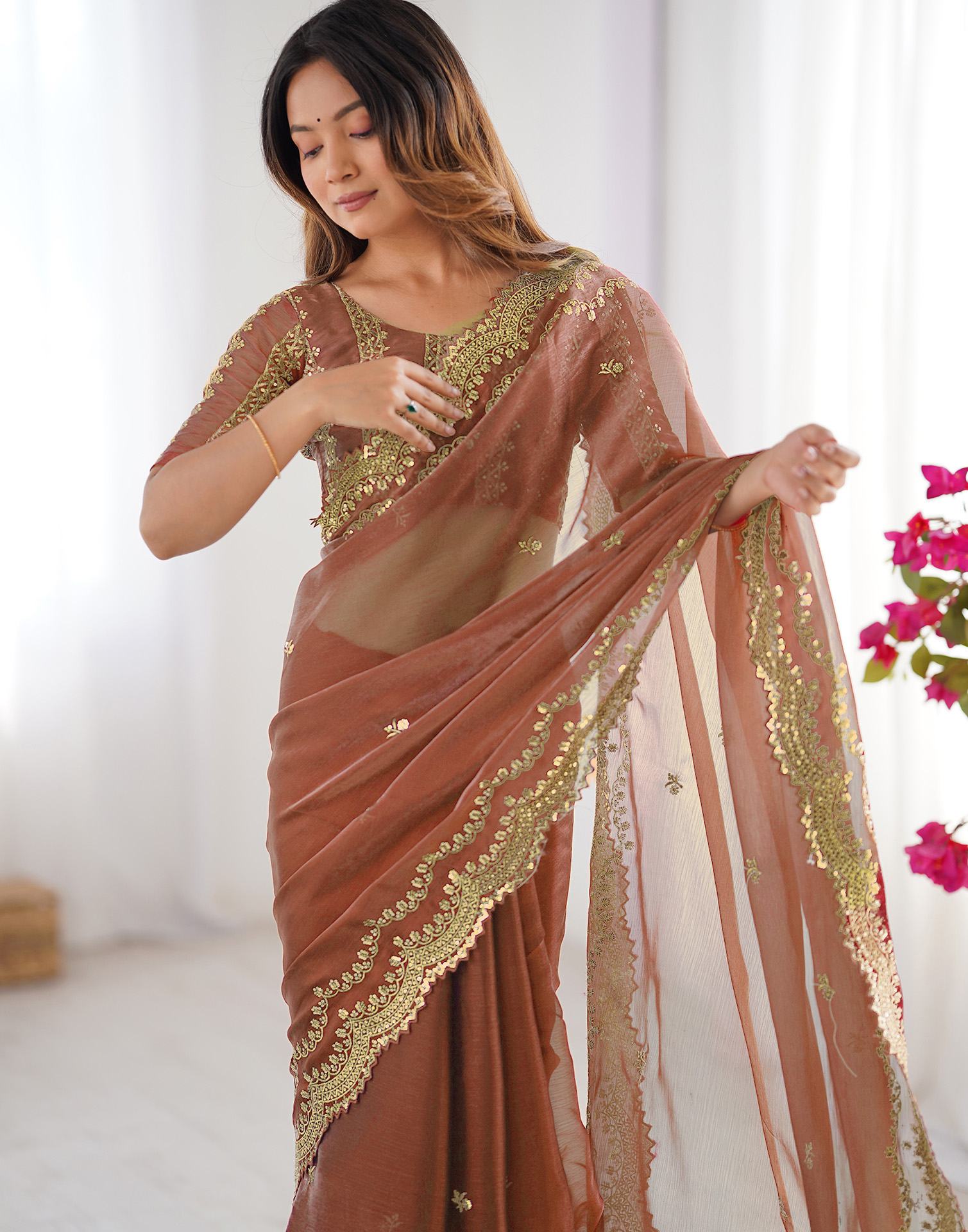 Dusty Orange Shimmer Sequence Embroidery Saree