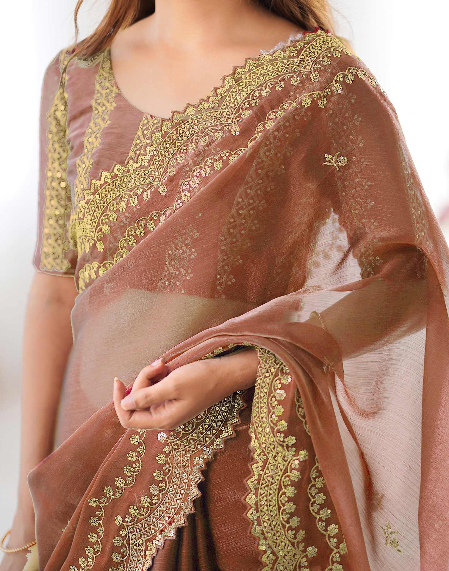 Dusty Orange Shimmer Sequence Embroidery Saree