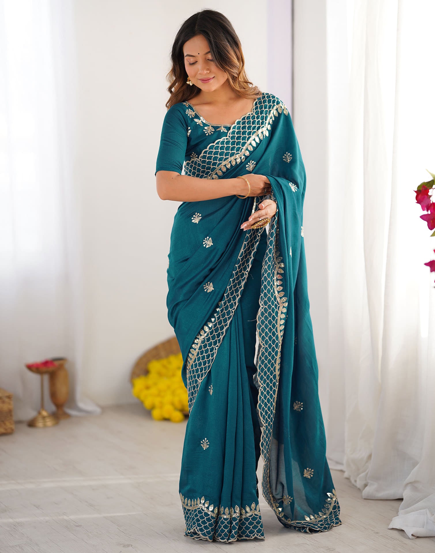 Rama Blue Silk Sequence Embroidery Saree