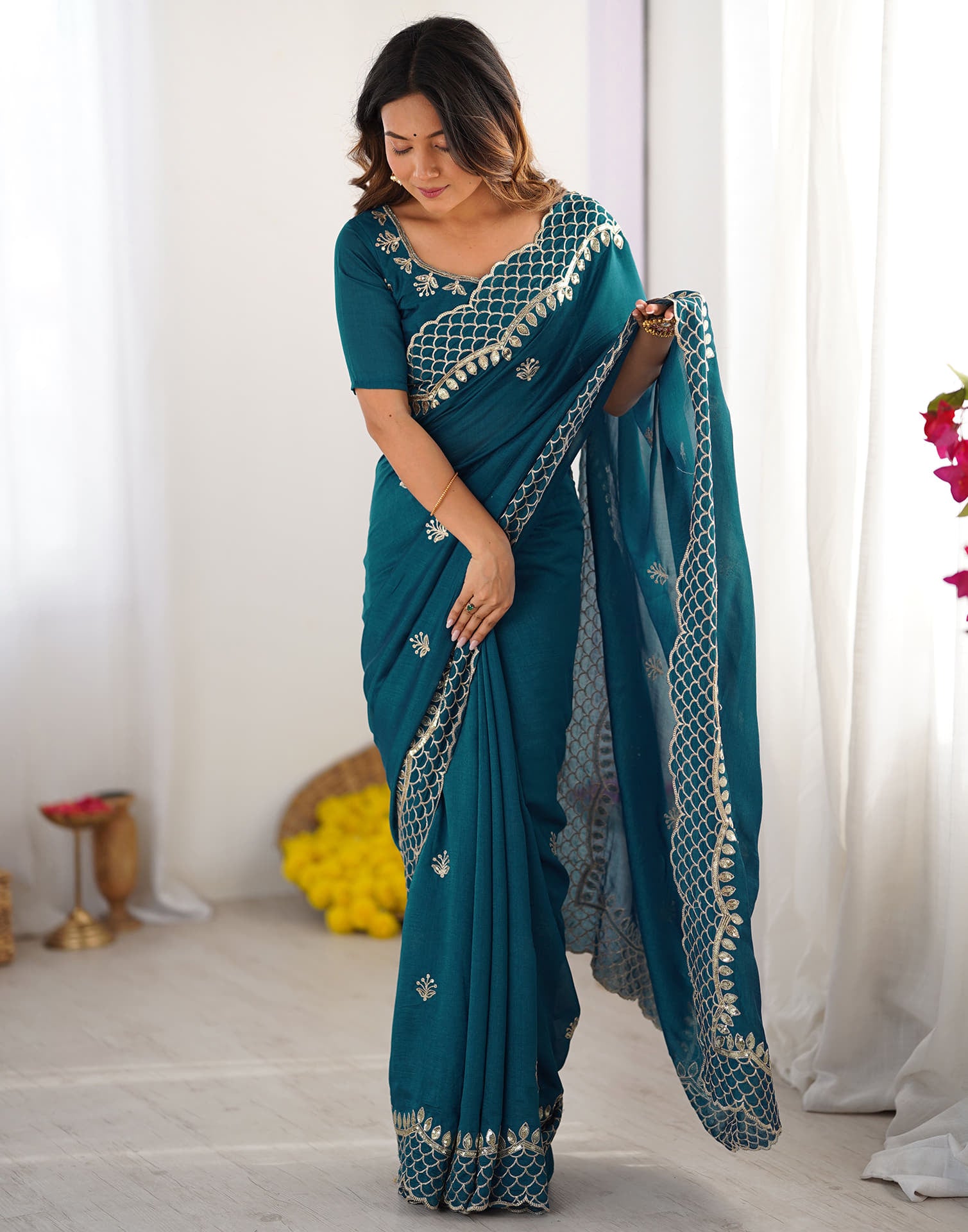 Rama Blue Silk Sequence Embroidery Saree