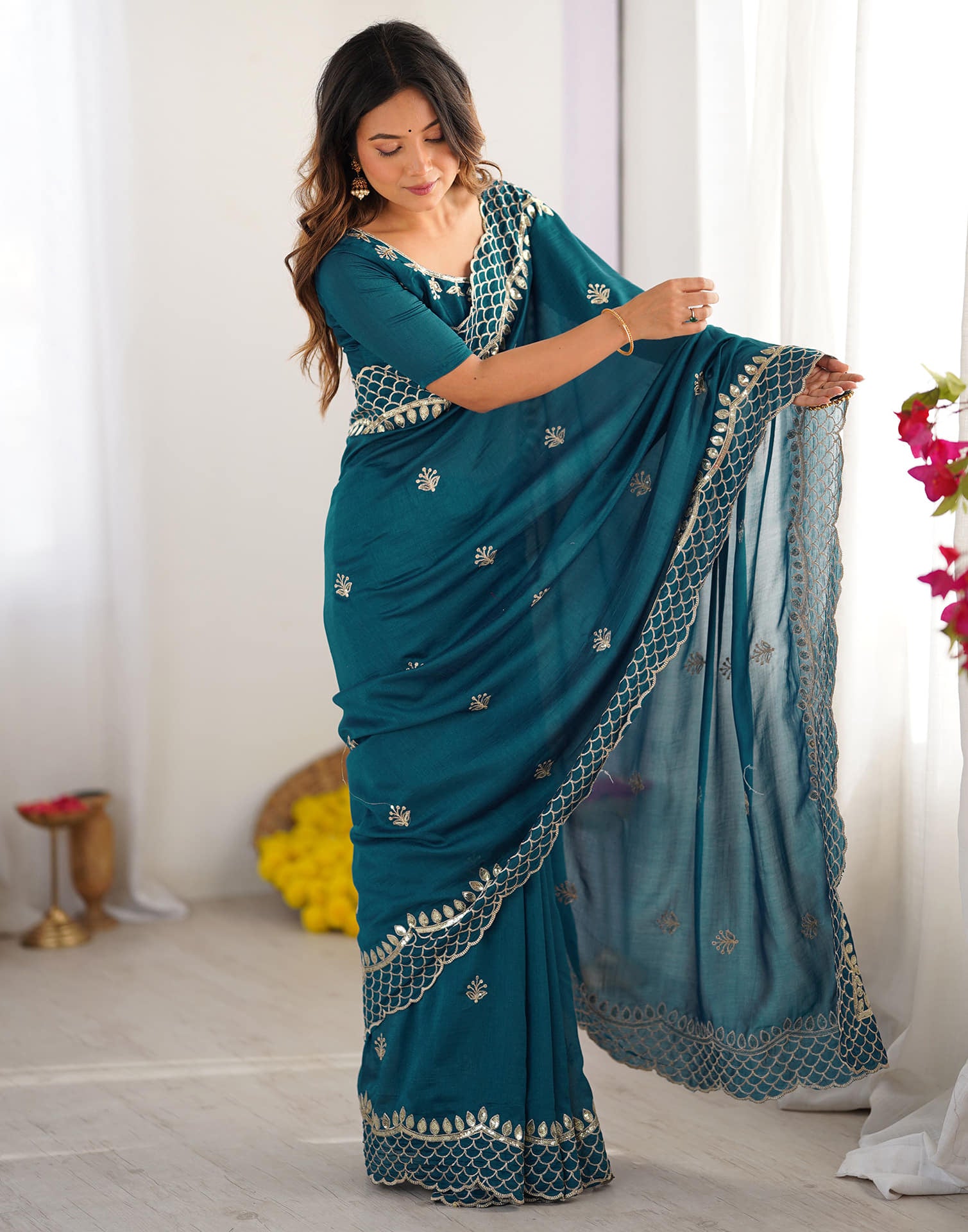 Rama Blue Silk Sequence Embroidery Saree