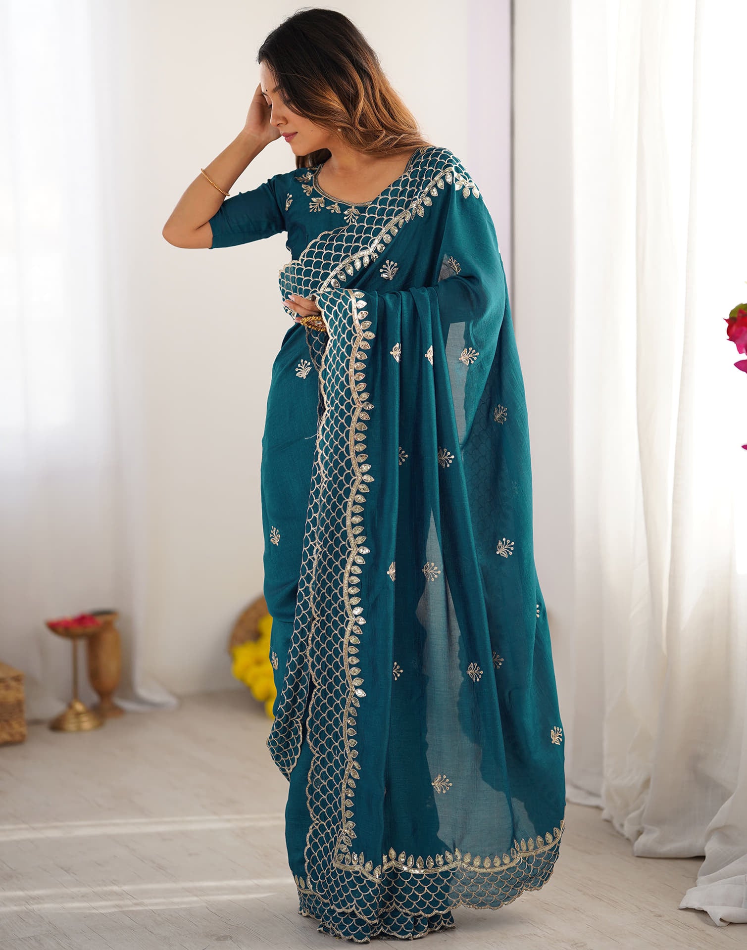Rama Blue Silk Sequence Embroidery Saree