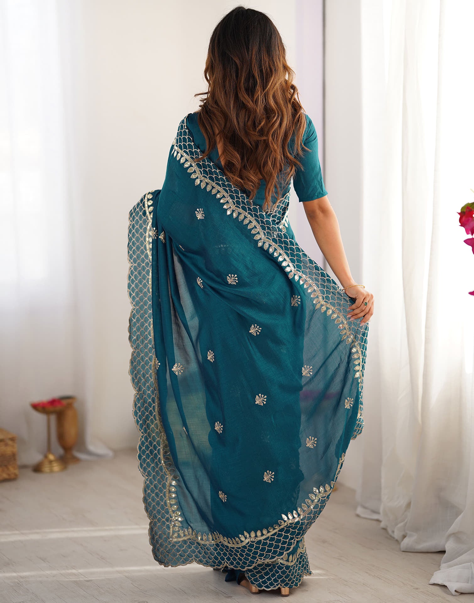 Rama Blue Silk Sequence Embroidery Saree