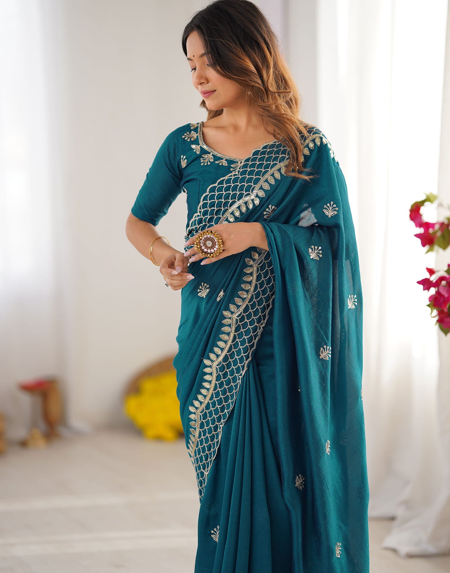 Rama Blue Silk Sequence Embroidery Saree