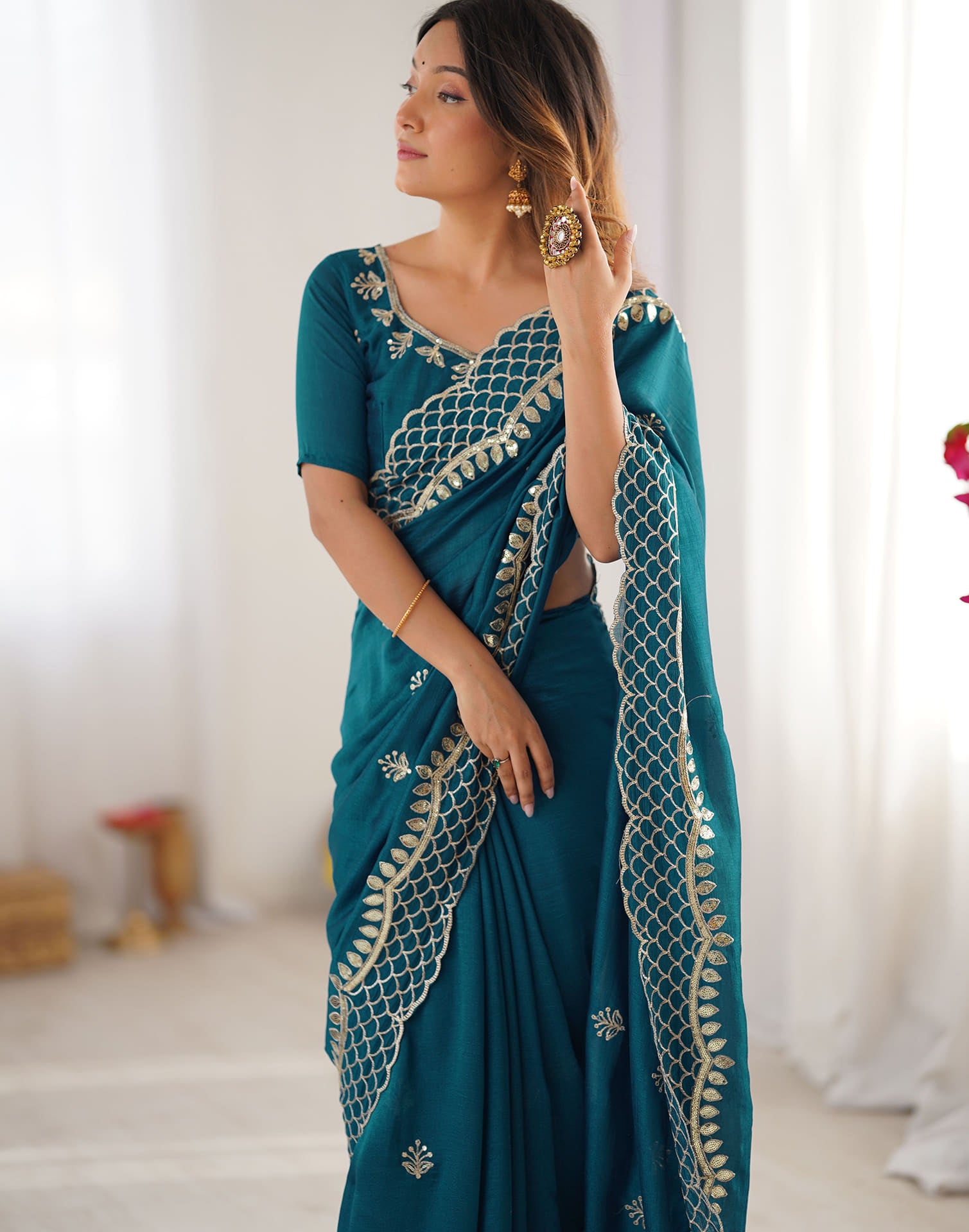 Rama Blue Silk Sequence Embroidery Saree
