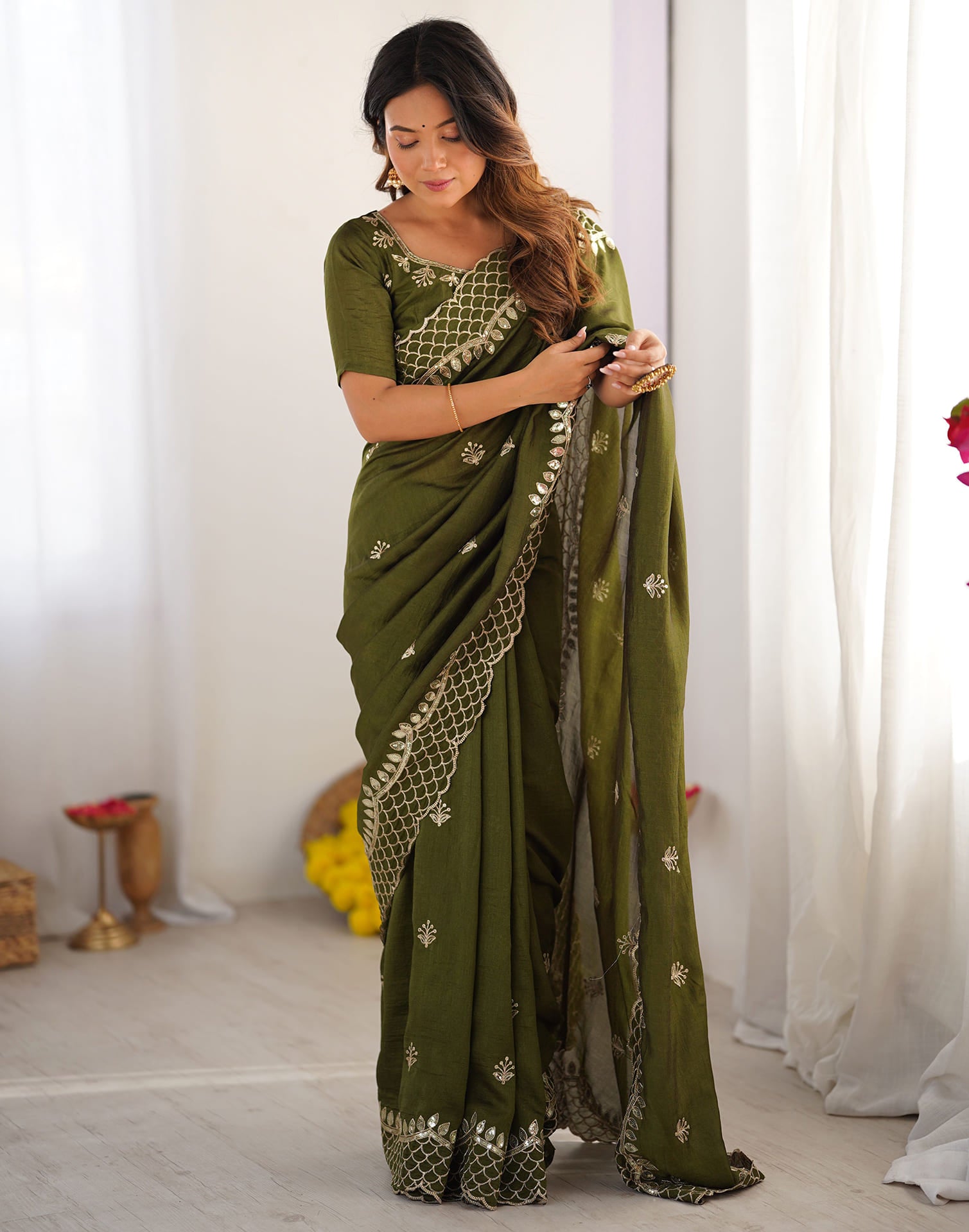 Olive Green Silk Sequence Embroidery Saree