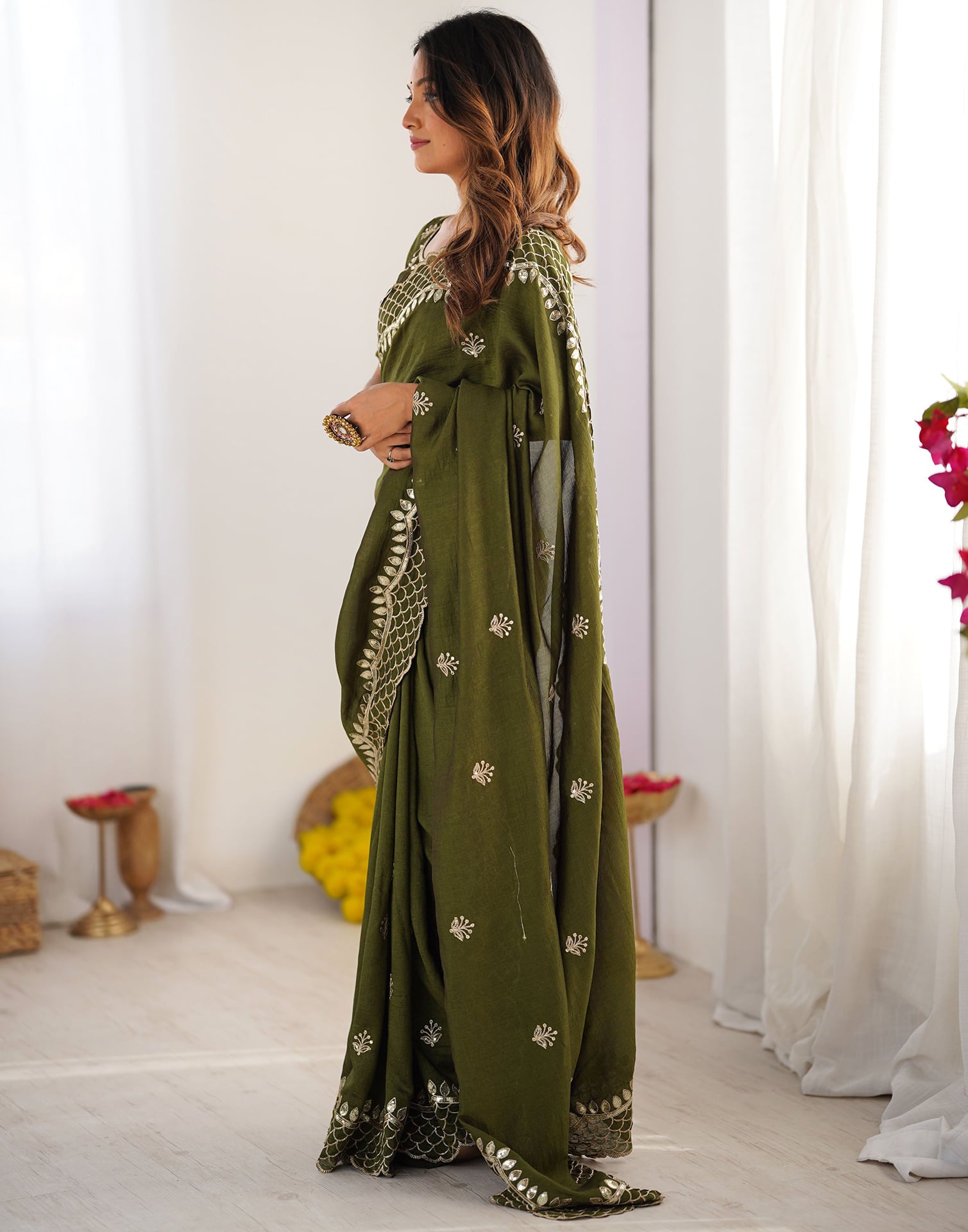 Olive Green Silk Sequence Embroidery Saree